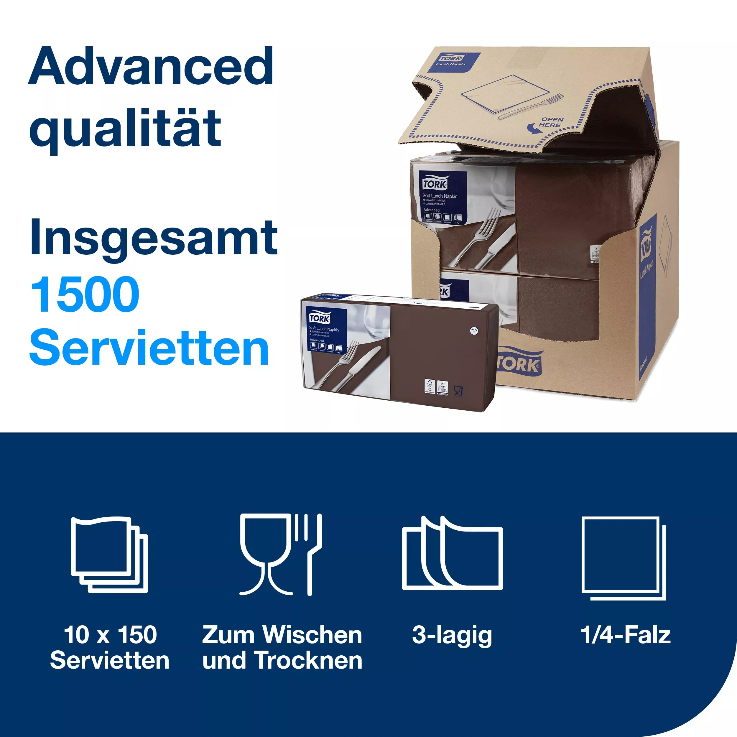 Tork Soft Lunchserviette Braun, 1/4-Falz, 3-lagig, 33 cm × 33 cm, 10 × 150 Servietten, 477872