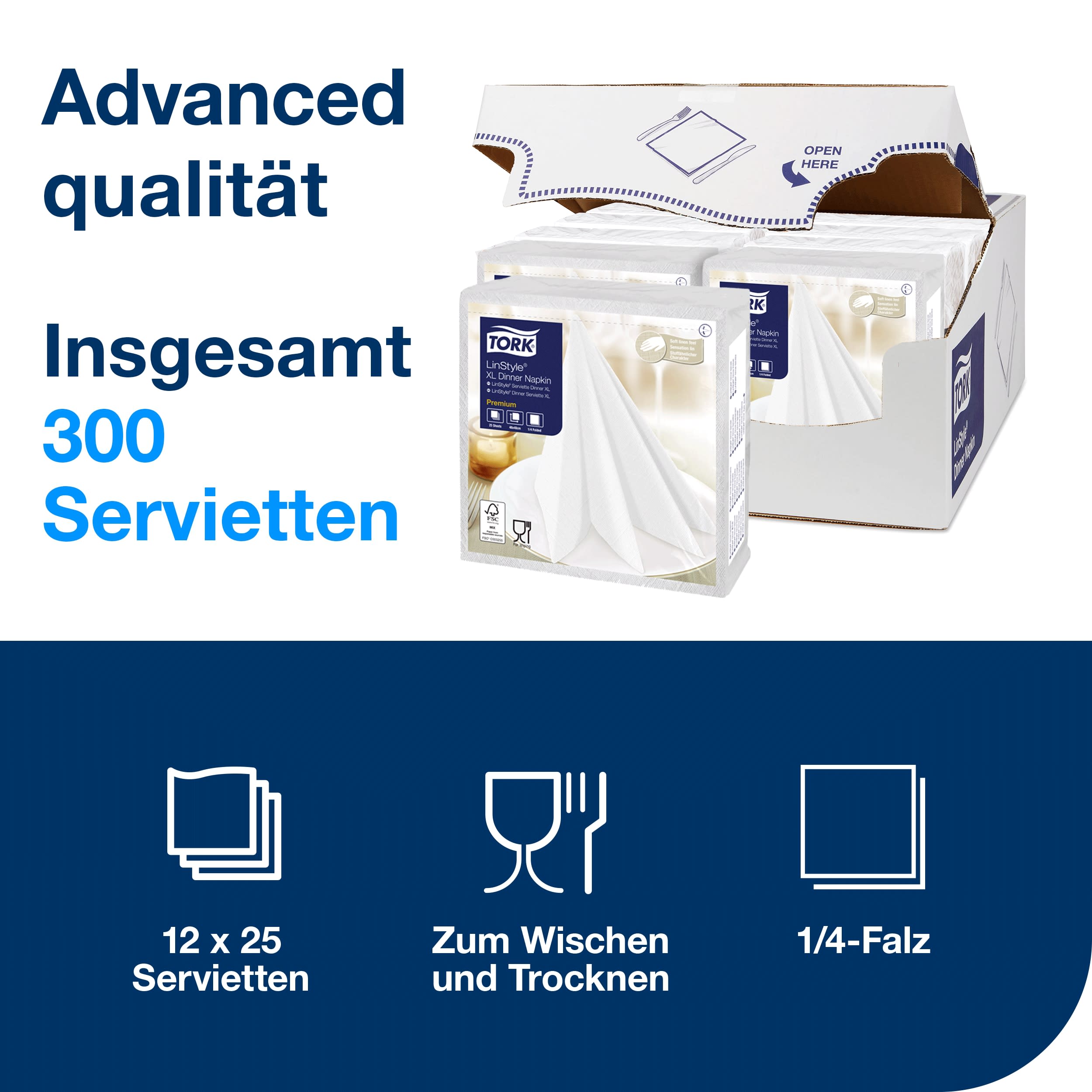 Tork LinStyle® XL-Dinnerservietten Weiß, 1/4‑Falz, 48 cm × 48 cm, 12 × 25 Servietten, 478883