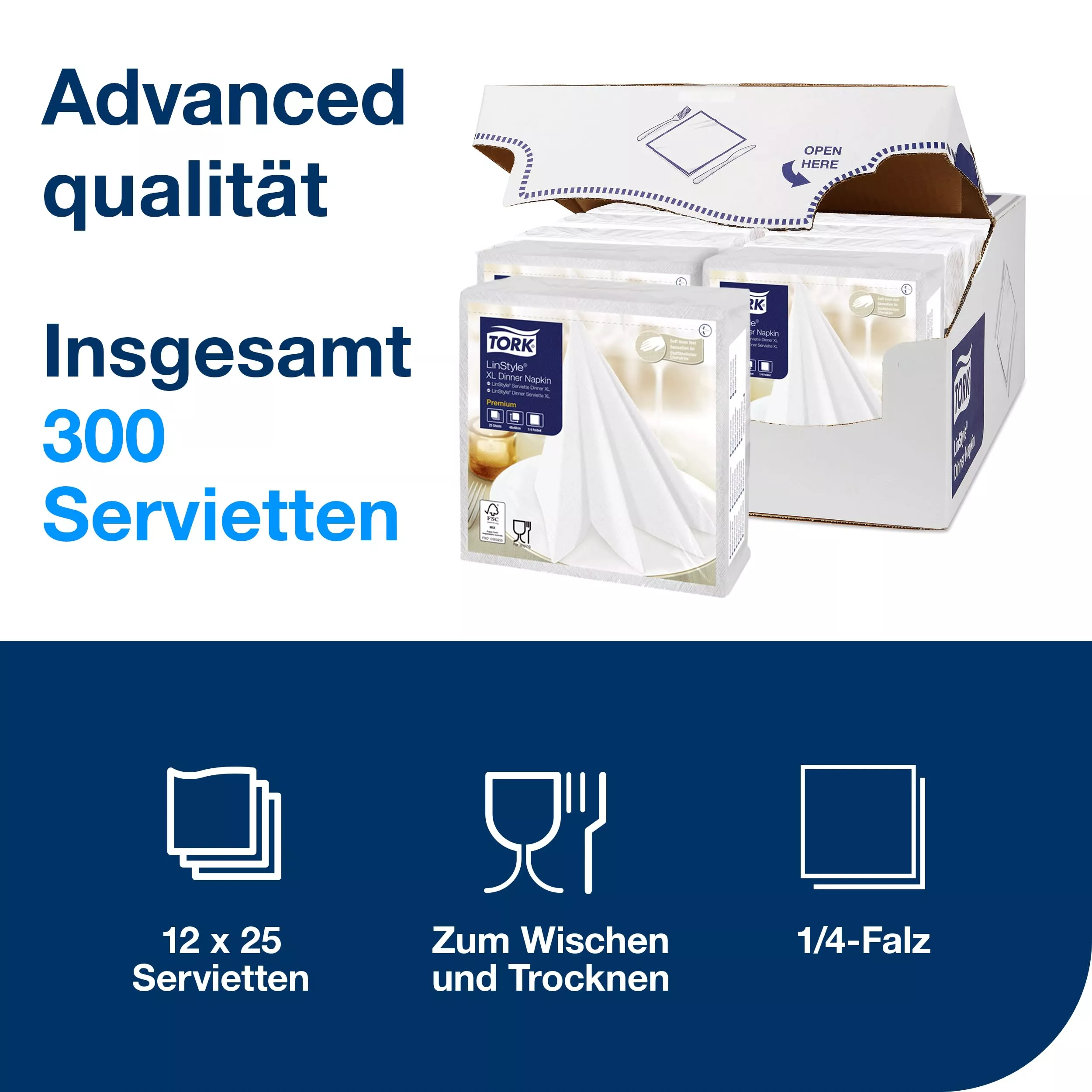 Tork LinStyle® XL-Dinnerservietten Weiß, 1/4‑Falz, 48 cm × 48 cm, 12 × 25 Servietten, 478883
