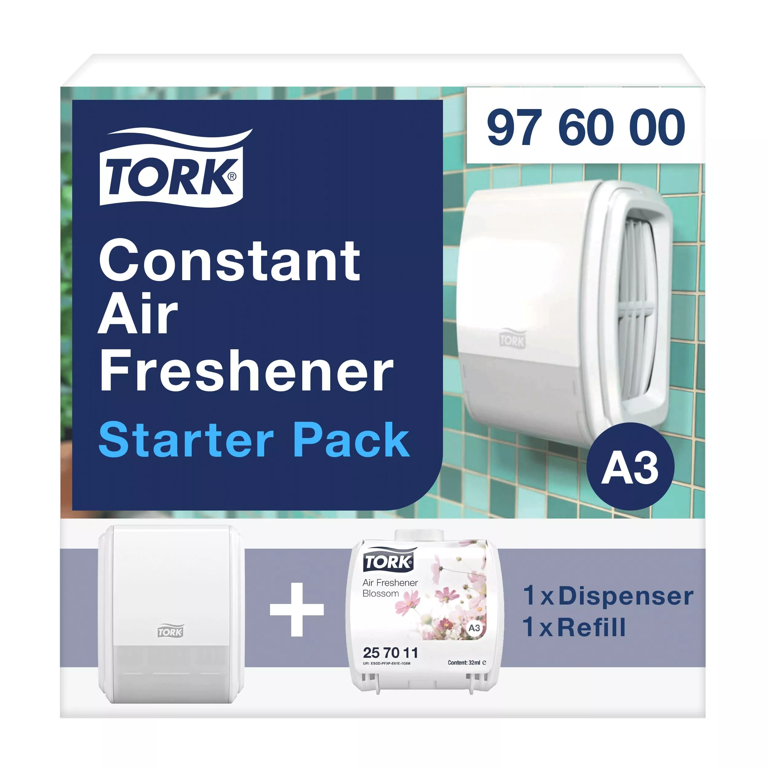 Tork Starter Pack für kontinuierlichen Lufterfrischer Weiß A3, Elevation Design, Spender und Nachfüllmaterial Frühlingsbrise, 976000