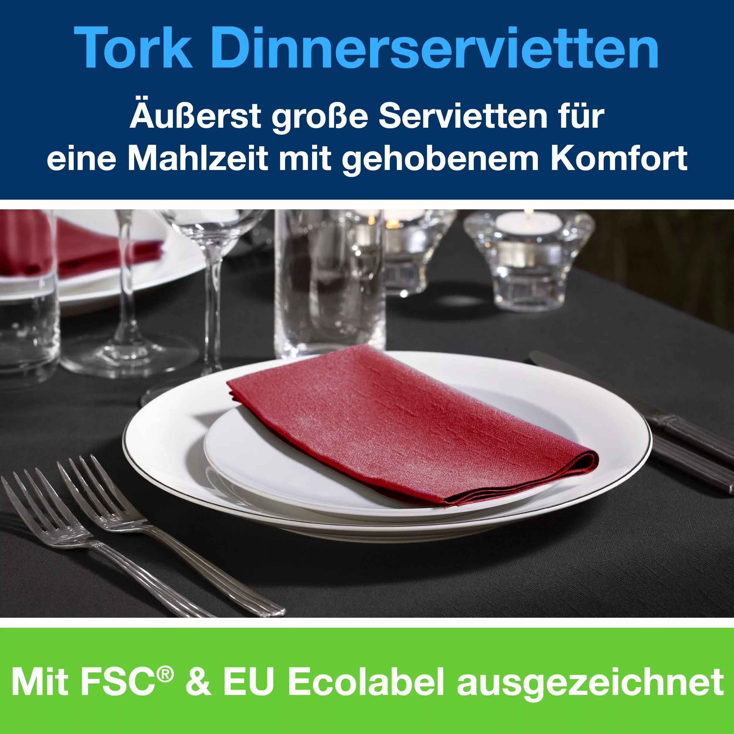 Tork Dinnerservietten Bordeauxrot, 1/8‑Falz, 2‑lagig, 39 cm × 39 cm, 12 × 150 Servietten, 477570