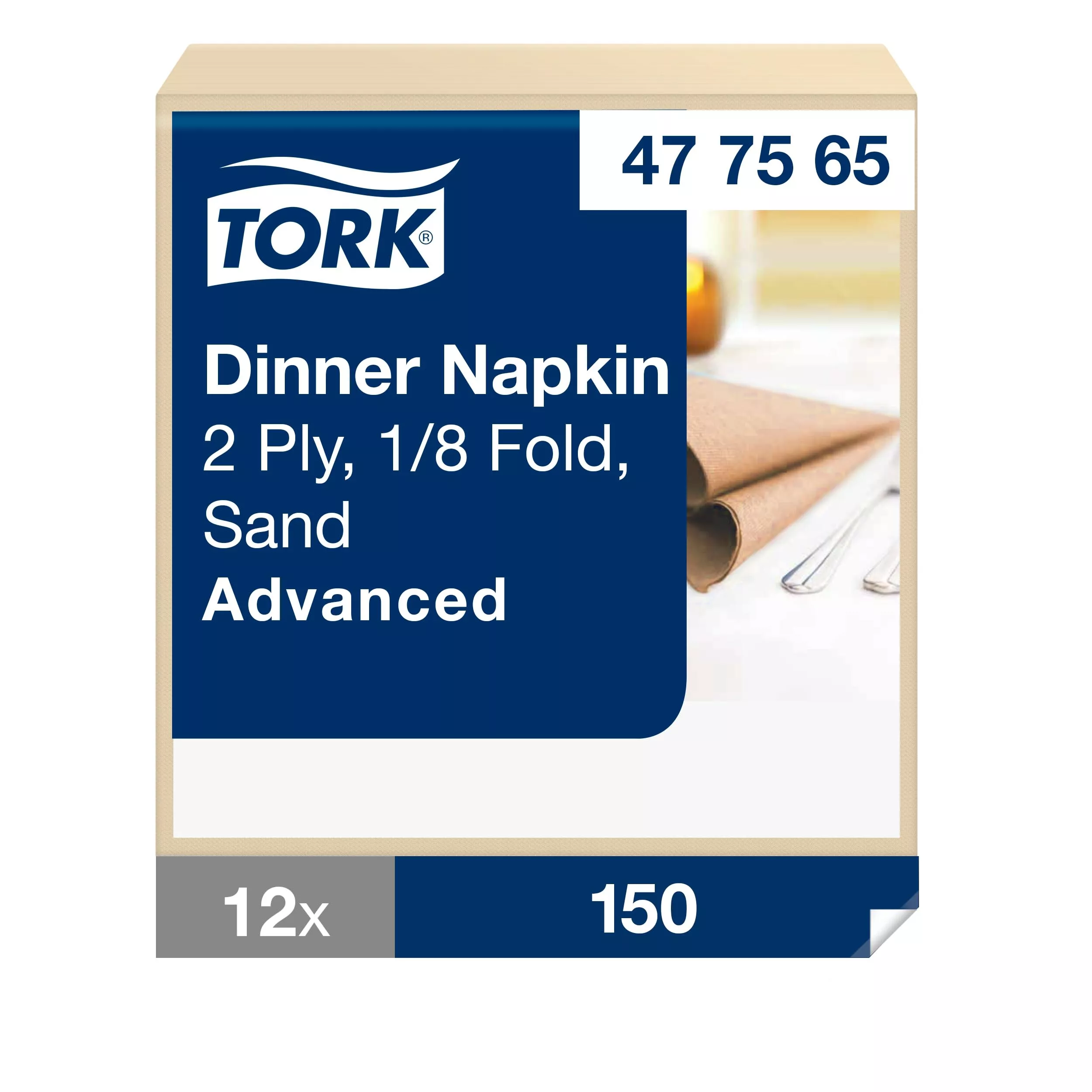 Tork Dinnerservietten Sand, 1/8‑Falz, 2‑lagig, 39 cm × 39 cm, 12 × 150 Servietten, 477565