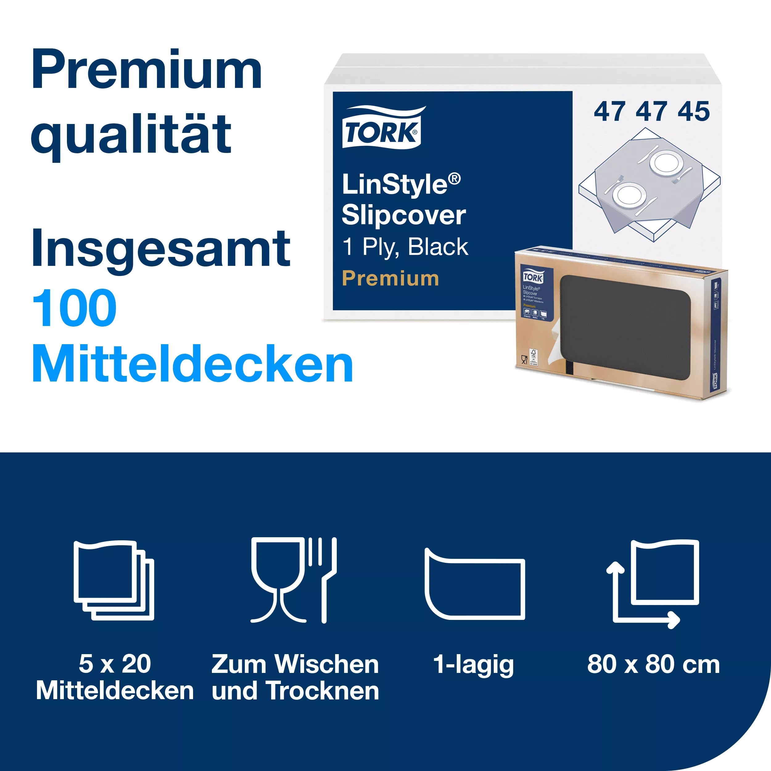 Tork LinStyle® Mitteldecke Schwarz, robust, 1-lagig, 80 cm × 80 cm, 5 × 20 Mitteldecken, 474745