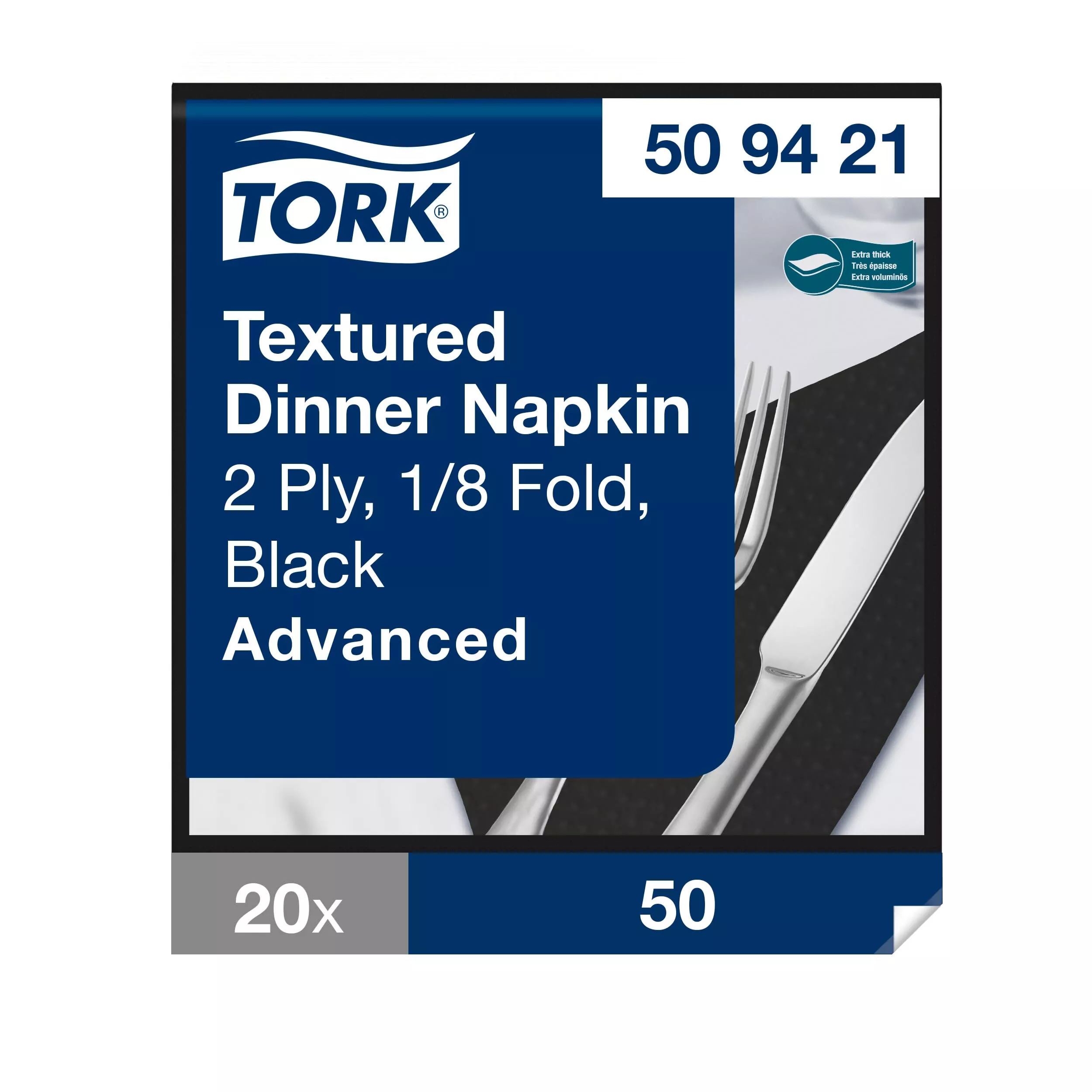 Tork Textured Dinnerserviette Schwarz, 1/8-Falz, 2-lagig, 39.5 cm × 39 cm, 20 × 50 Servietten, 509421