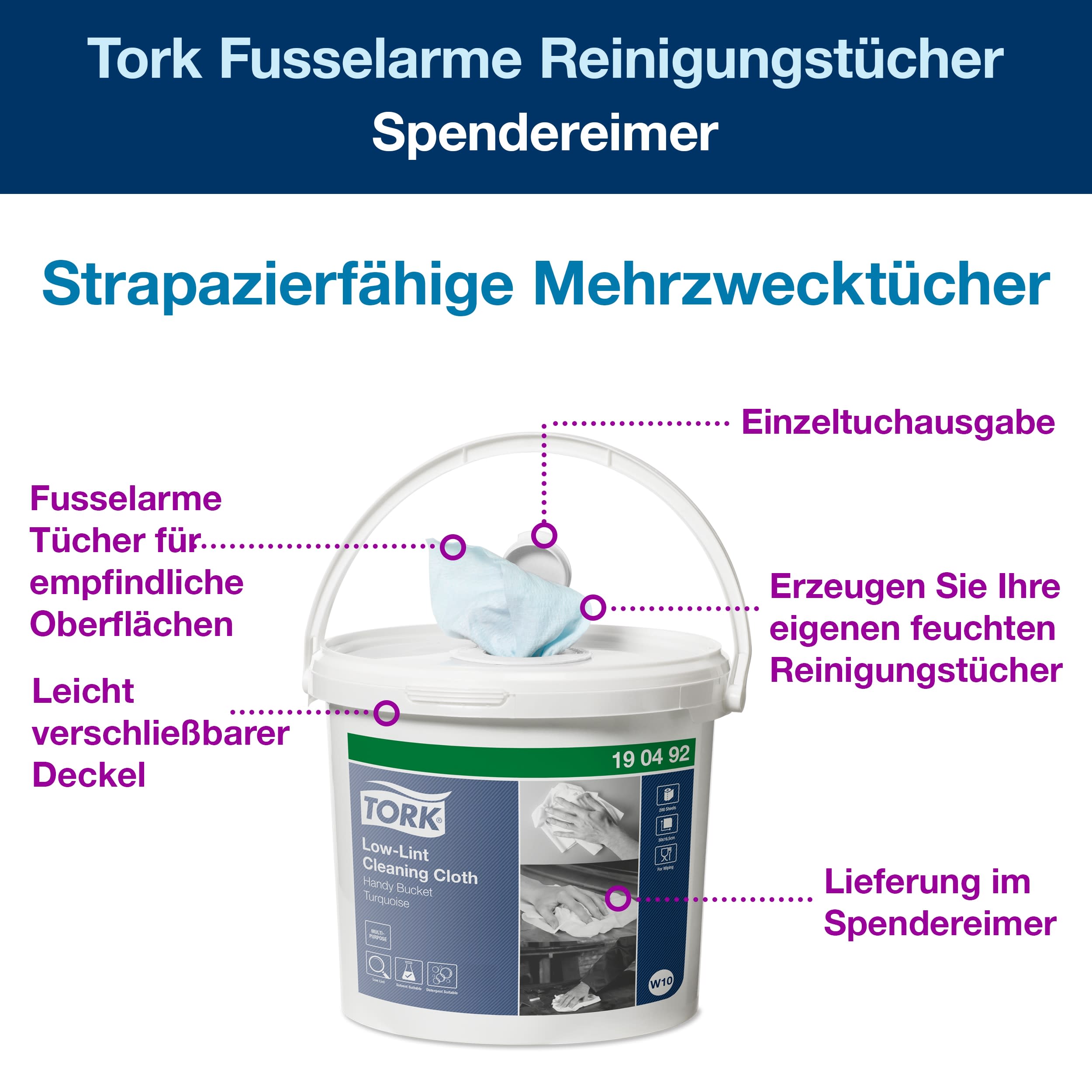 Tork Fusselarme Reinigungstücher im Spendereimer Türkis W10, Lösungsmitteltauglich, 4 × 200 Tücher, 190492