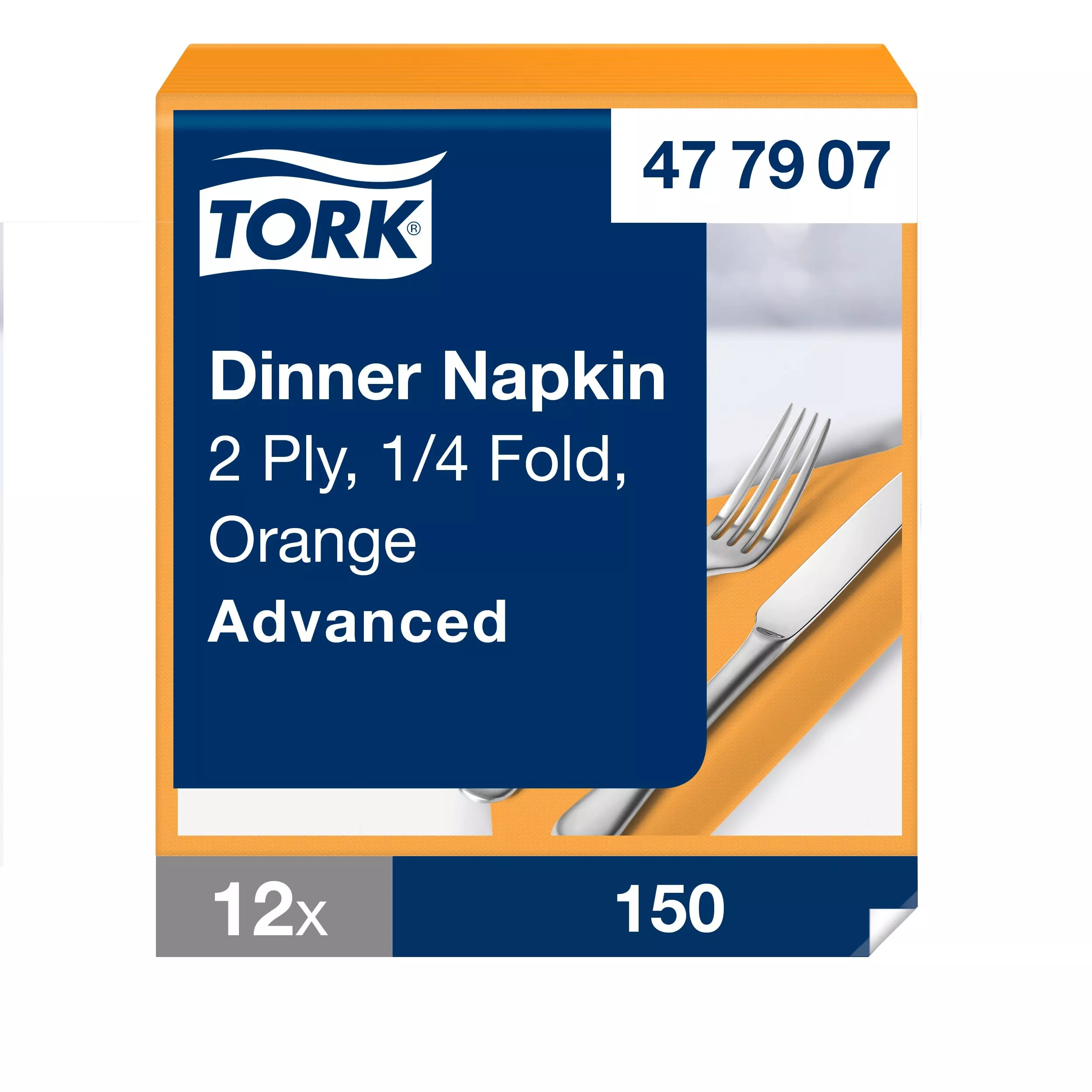 Tork Dinnerservietten Orange, 1/4-Falz, 2‑lagig, 40 cm × 39 cm, 12 × 150 Servietten, 477907