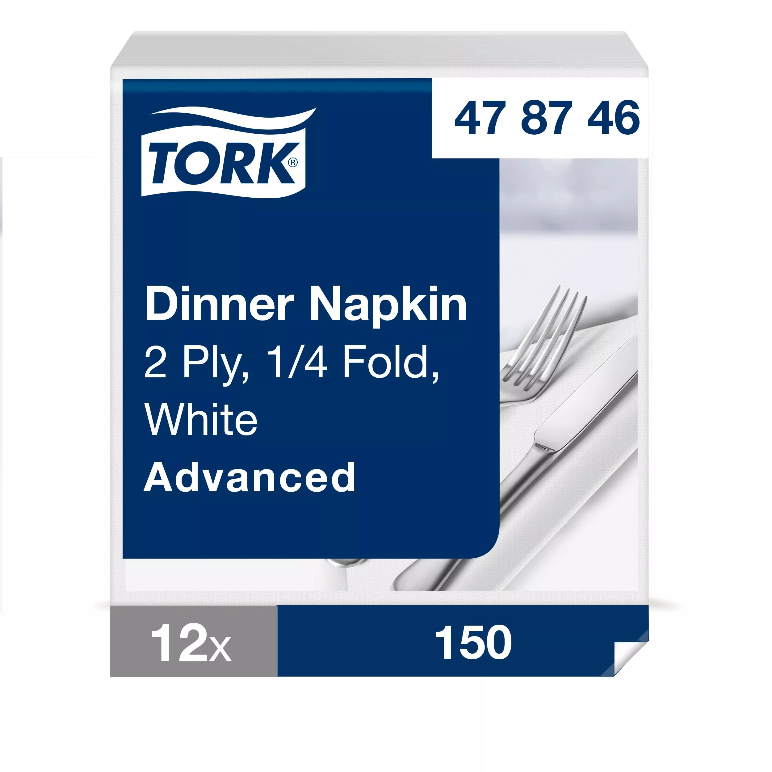 Tork Dinnerservietten Weiß, 1/4-Falz, 2‑lagig, 40 cm × 39 cm, 12 × 150 Servietten, 478746