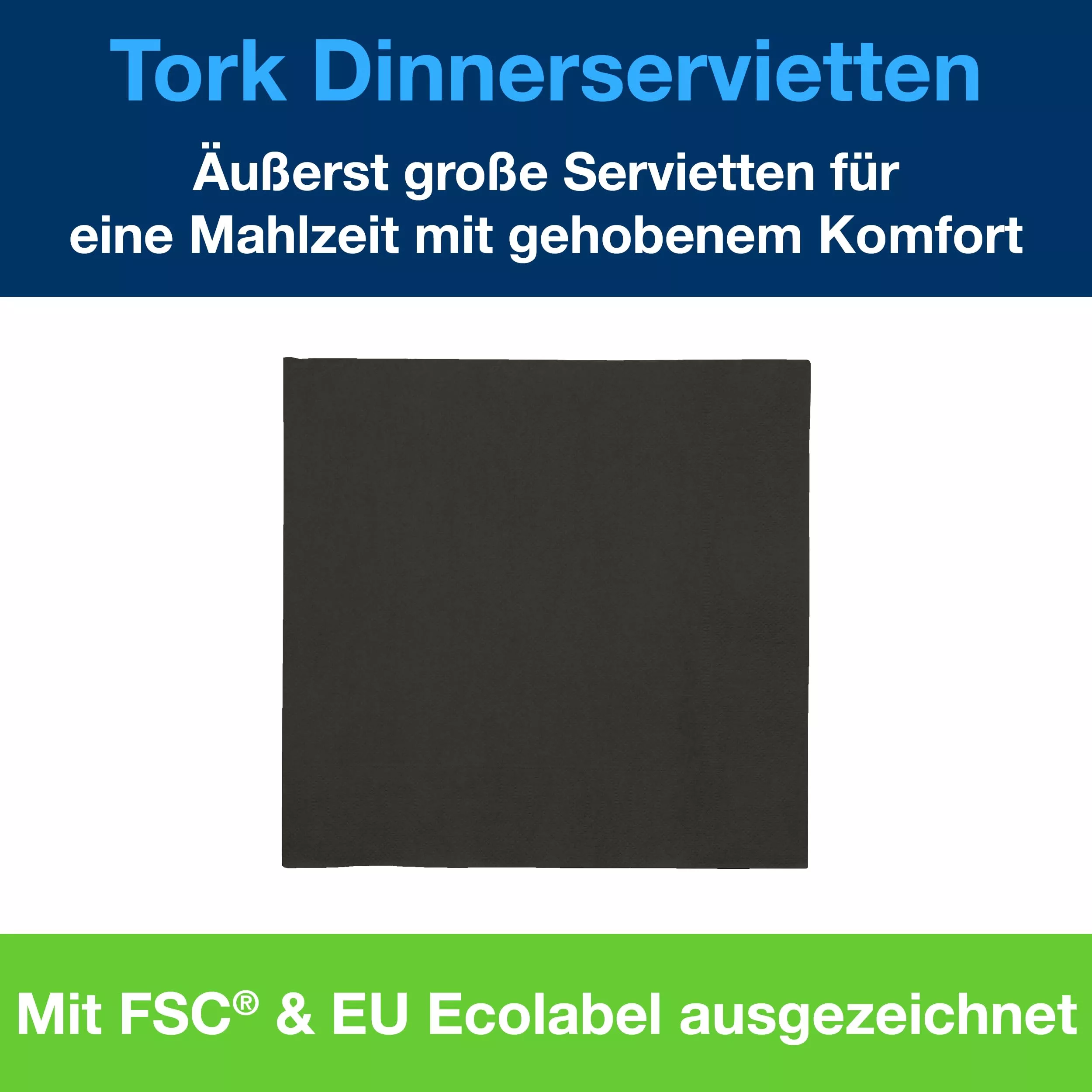 Tork Dinnerservietten Schwarz, 1/4-Falz, 2‑lagig, 40 cm × 39 cm, 12 × 150 Servietten, 478761