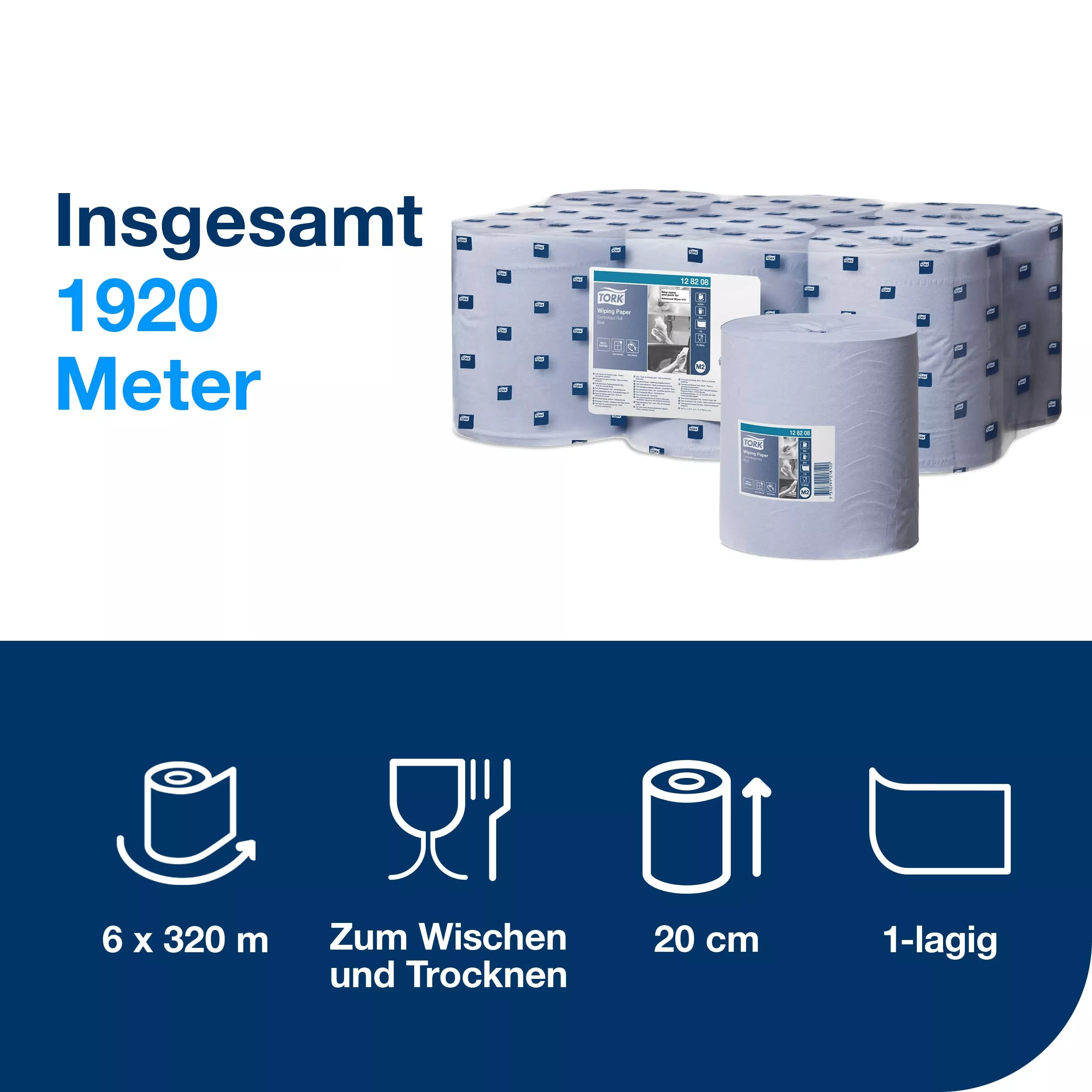 Tork Innenabrollungs-Papierwischtücher Blau M2, Saugfähig, 6 Rollen, 128208