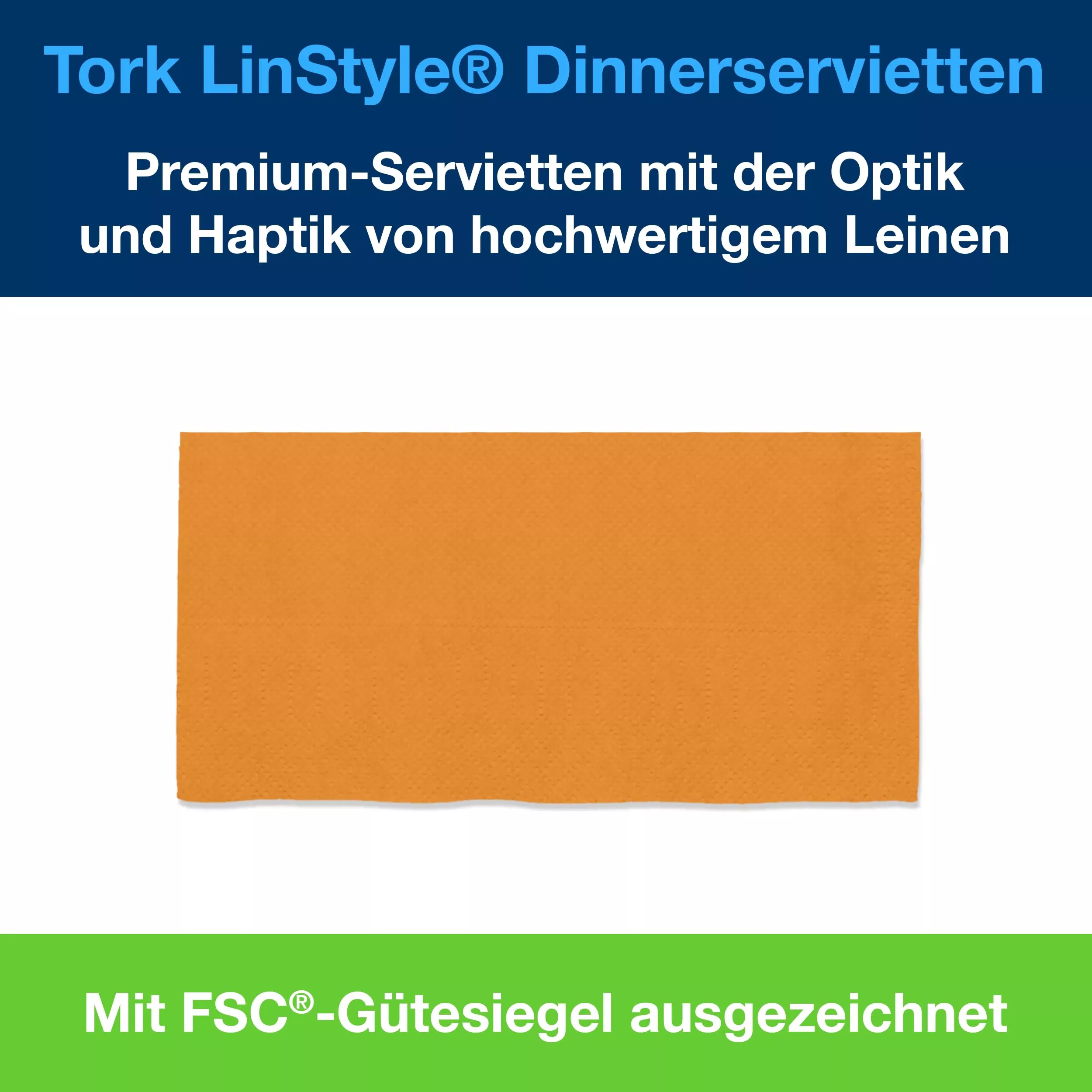 Tork LinStyle® Dinnerservietten Orange, 1/8‑Falz, 40 cm × 39 cm, 12 × 50 Servietten, 478162