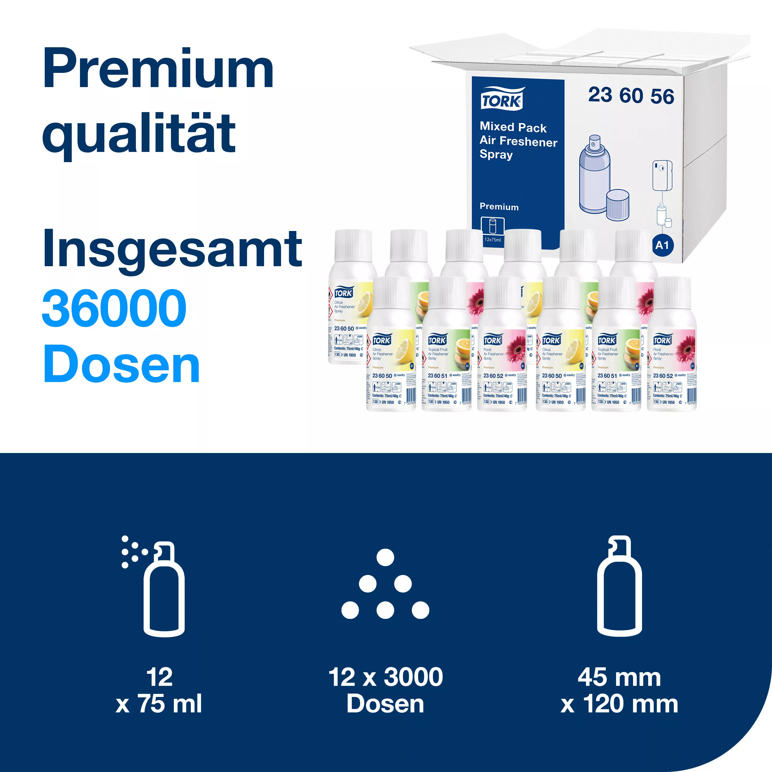 Tork Lufterfrischer Spray im Mixed Pack A1, Frischeduft, 12 Flaschen, 236056