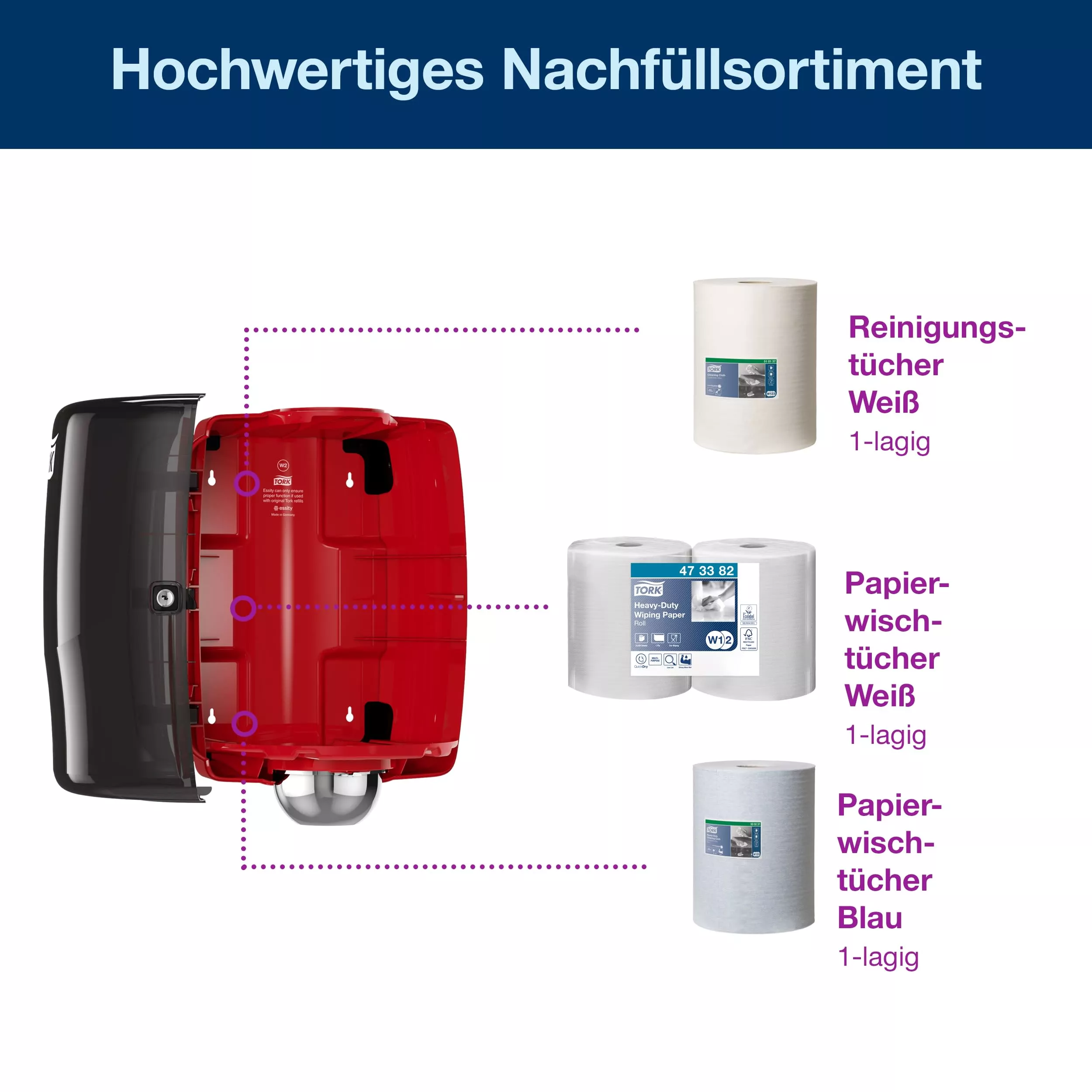 Tork Maxi Innenabrollungsspender Rot und Rauchgrau W2, Robustes Design, Performance Linie, 44,7 cm × 32,8 cm × 30,2 cm, 653008