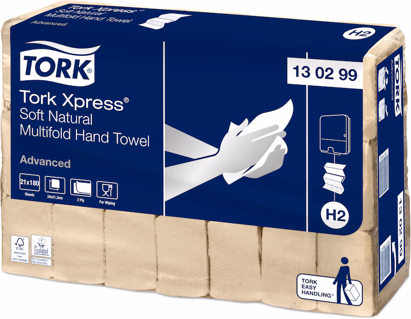 Tork Xpress® Multifold Handtuchpapier H2 Advanced 2-lagig Natur 21x180 Blatt (130299)
