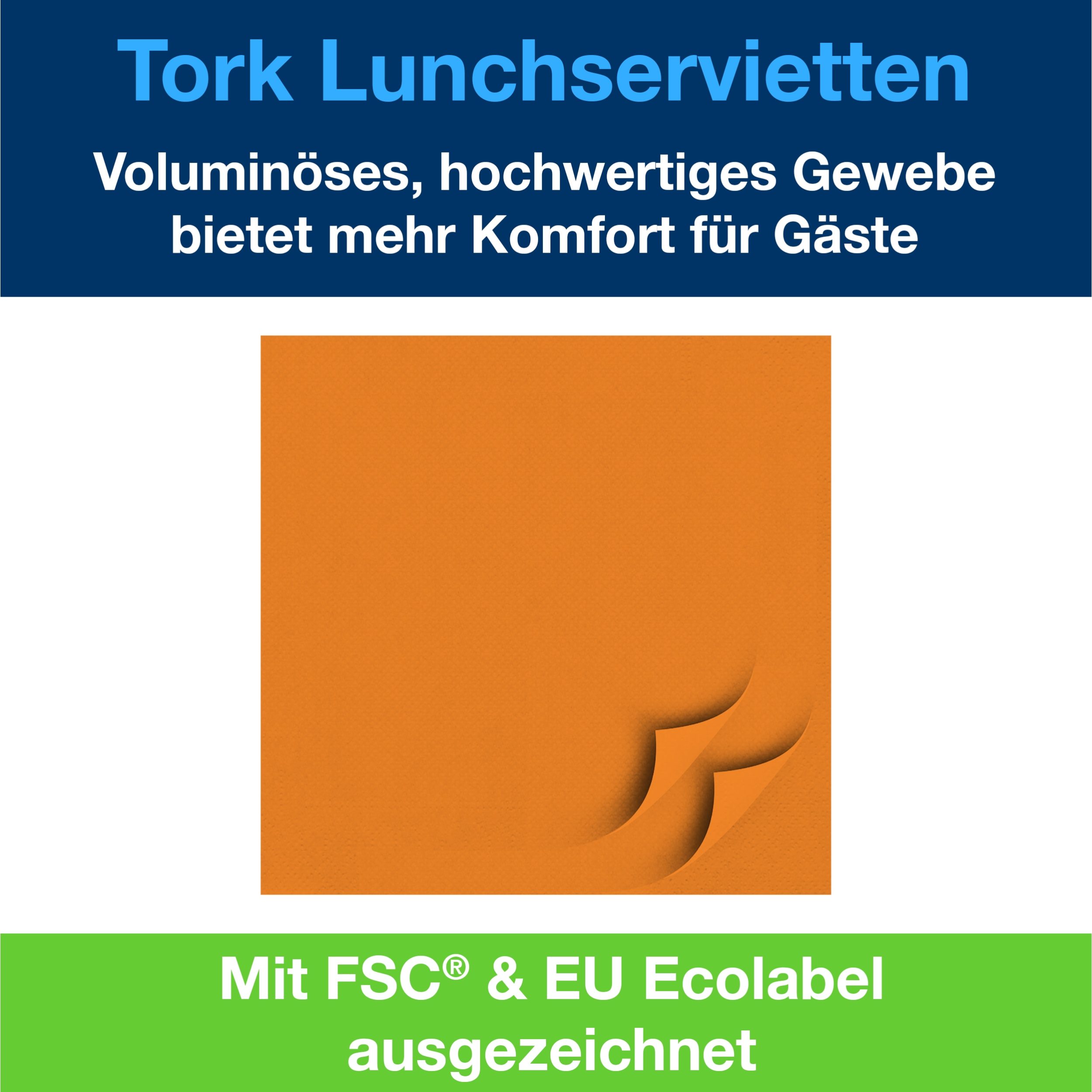 Tork Soft Lunchserviette Orange, 1/4-Falz, 3-lagig, 33 cm × 33 cm, 10 × 150 Servietten, 477870