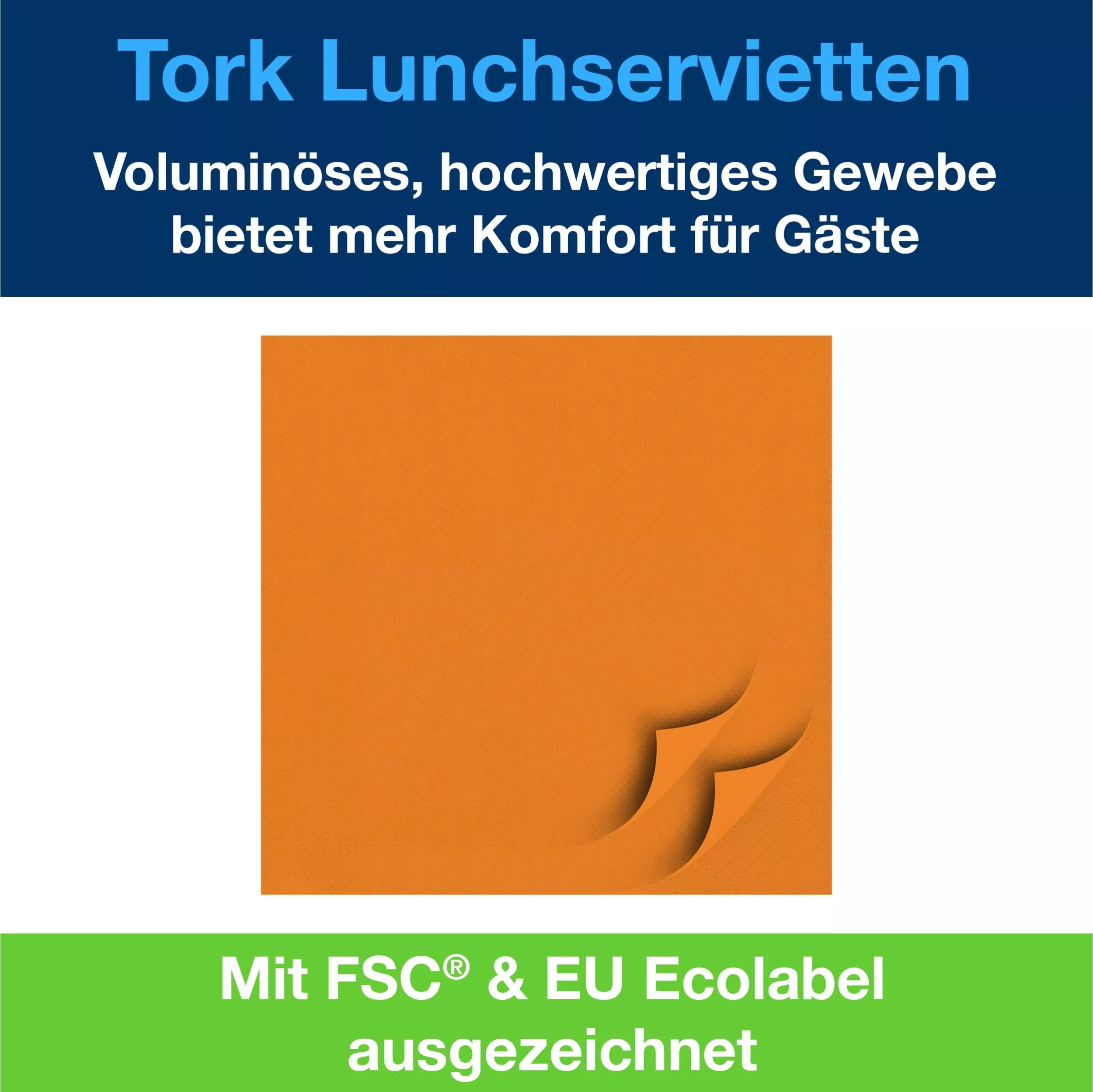 Tork Soft Lunchserviette Orange, 1/4-Falz, 3-lagig, 33 cm × 33 cm, 10 × 150 Servietten, 477870