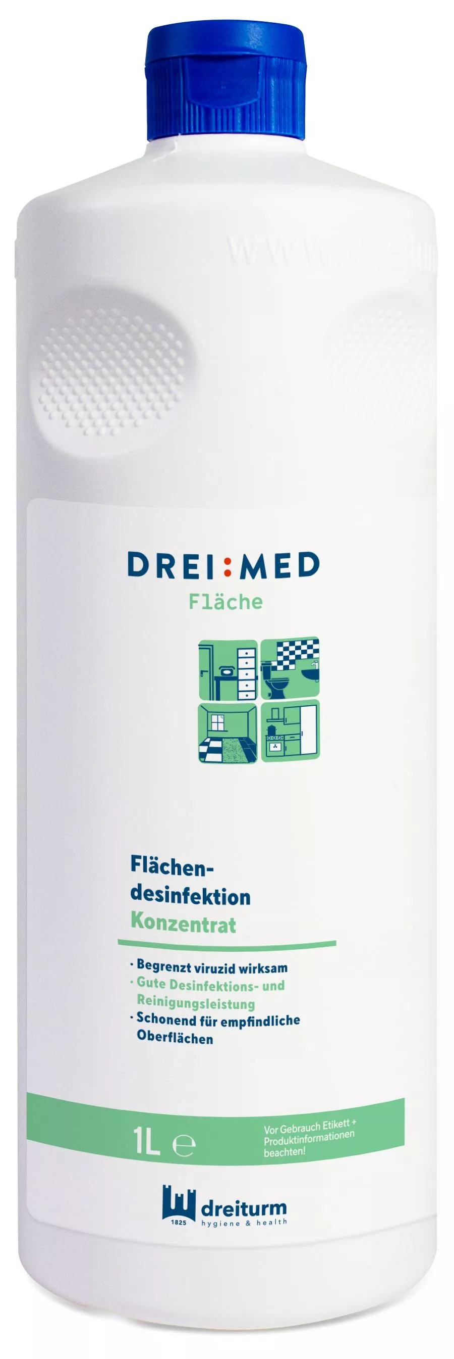 Flächendesinfektionsmittel, Desinfektionskonzentrat, Kunststoffflasche, 1 Liter, Blau-weiß-grün