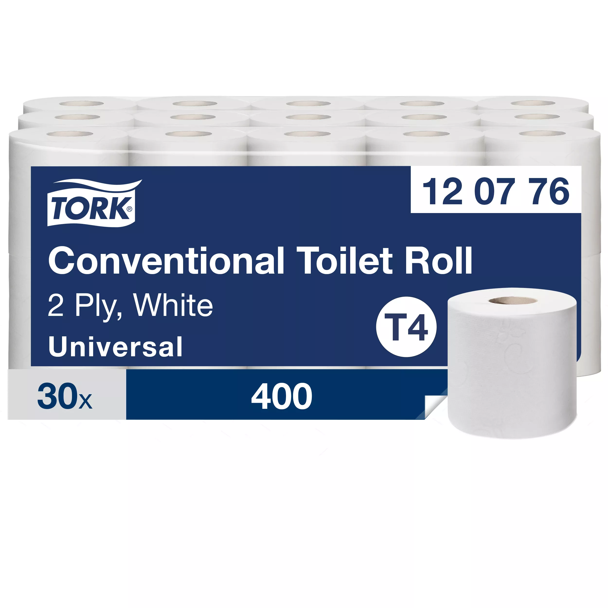 Tork Kleinrollen Toilettenpapier Weiß T4, Universal, 2-lagig, 30 × 400 Blatt, 120776