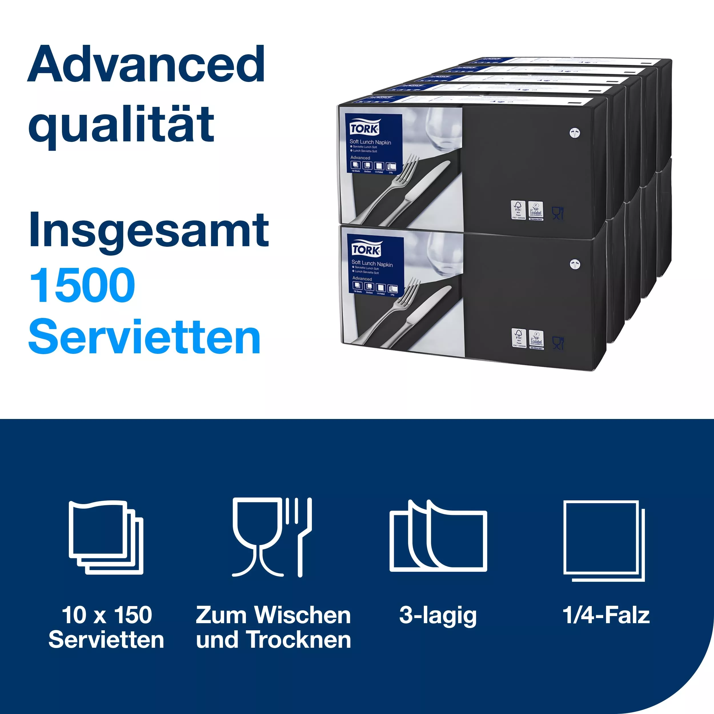 Tork Soft Lunchservietten Schwarz, 1/4-Falz, 3-lagig, 33 cm × 33 cm, 10 × 150 Servietten, 477864