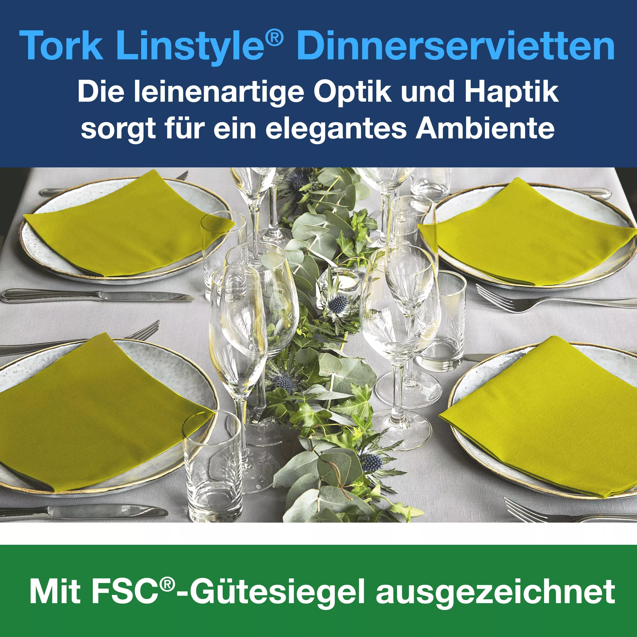 Tork LinStyle® Dinnerservietten Pistazie, 1/4‑Falz, 39 cm × 39 cm, 12 × 50 Servietten, 478876