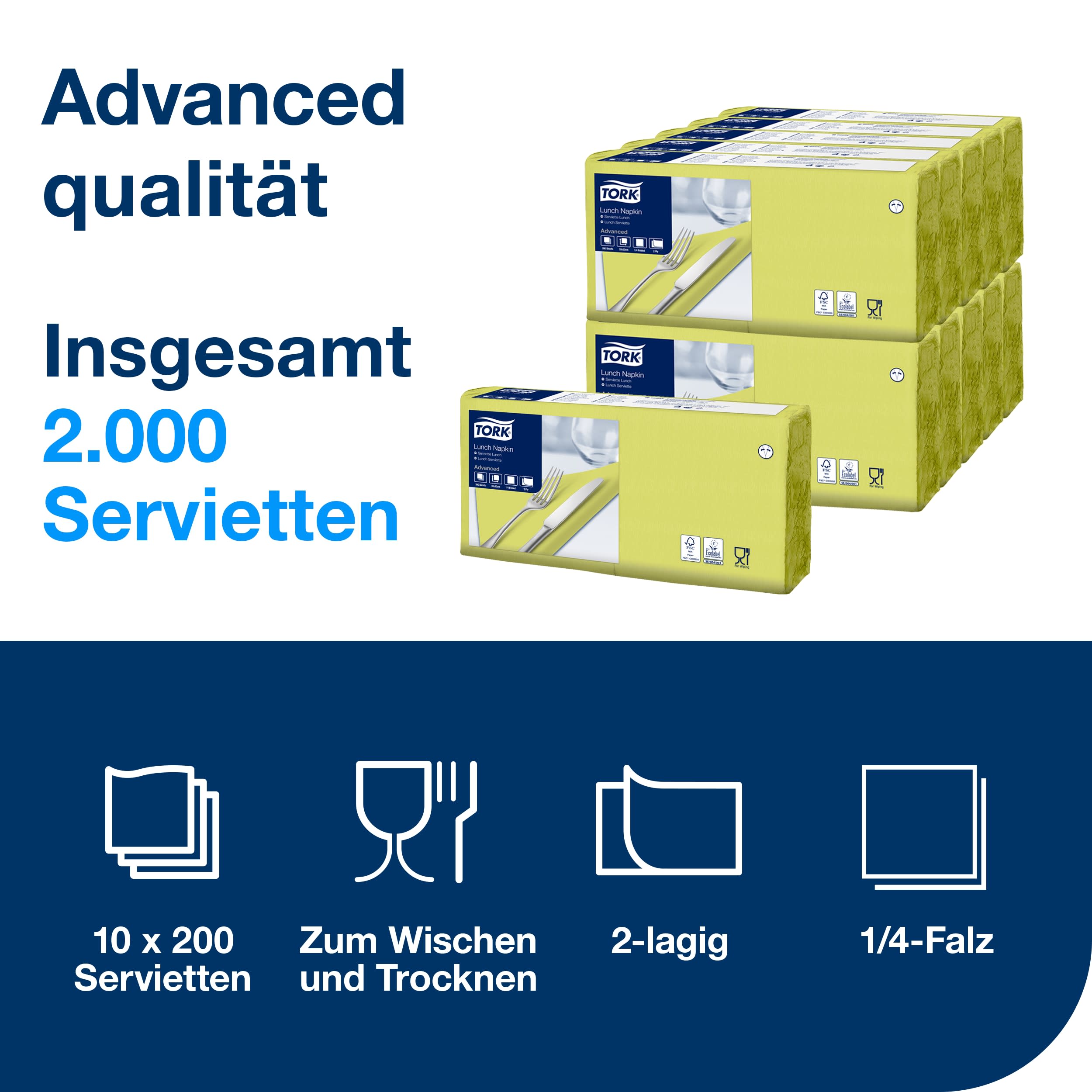 Tork Lunchserviette Limone, 1/4-Falz, 2-lagig, 33 cm × 33 cm, 10 × 200 Servietten, 477840
