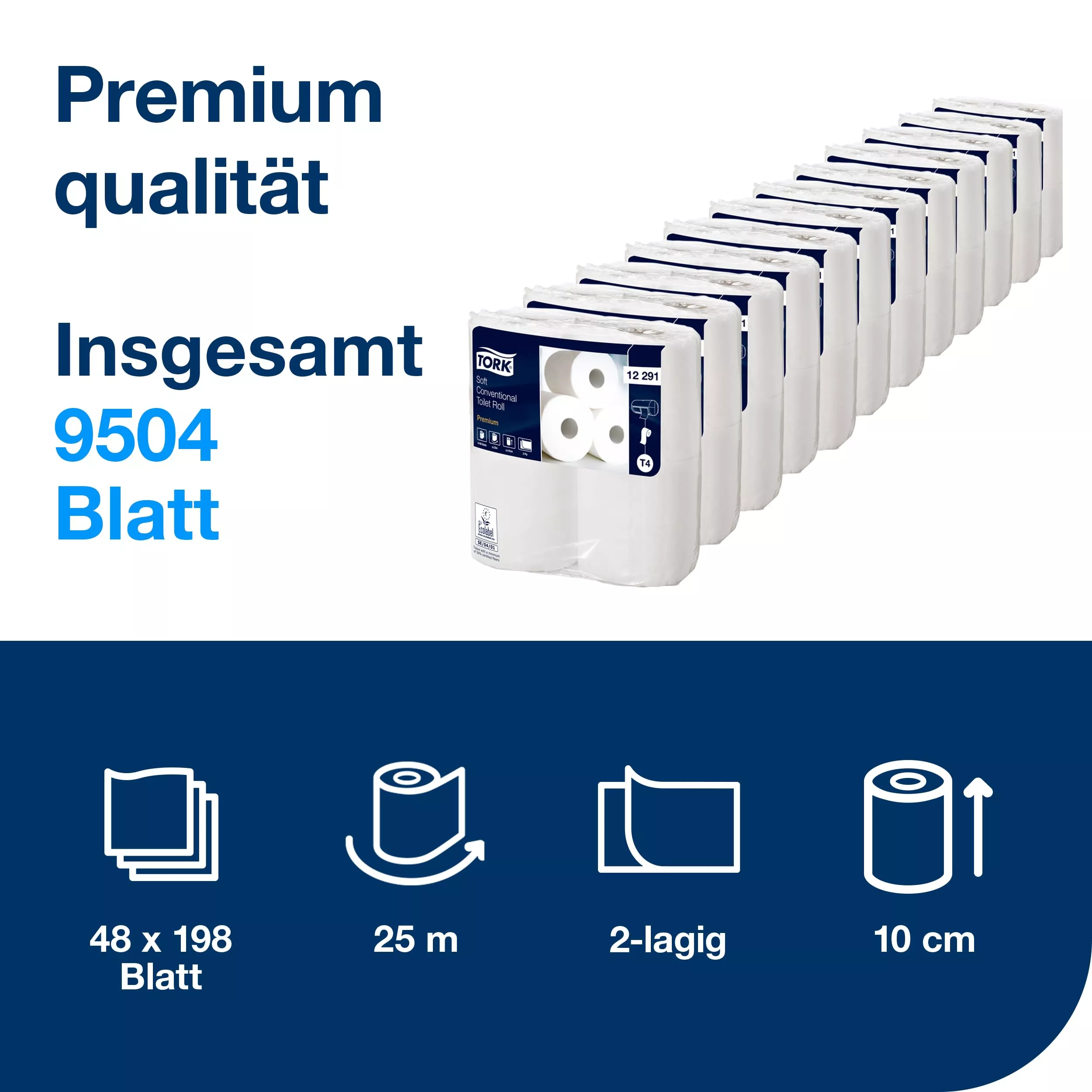Tork weiches Kleinrollen Toilettenpapier Weiß T4, Premium, 2‑lagig, 48 × 198 Blatt, 12291