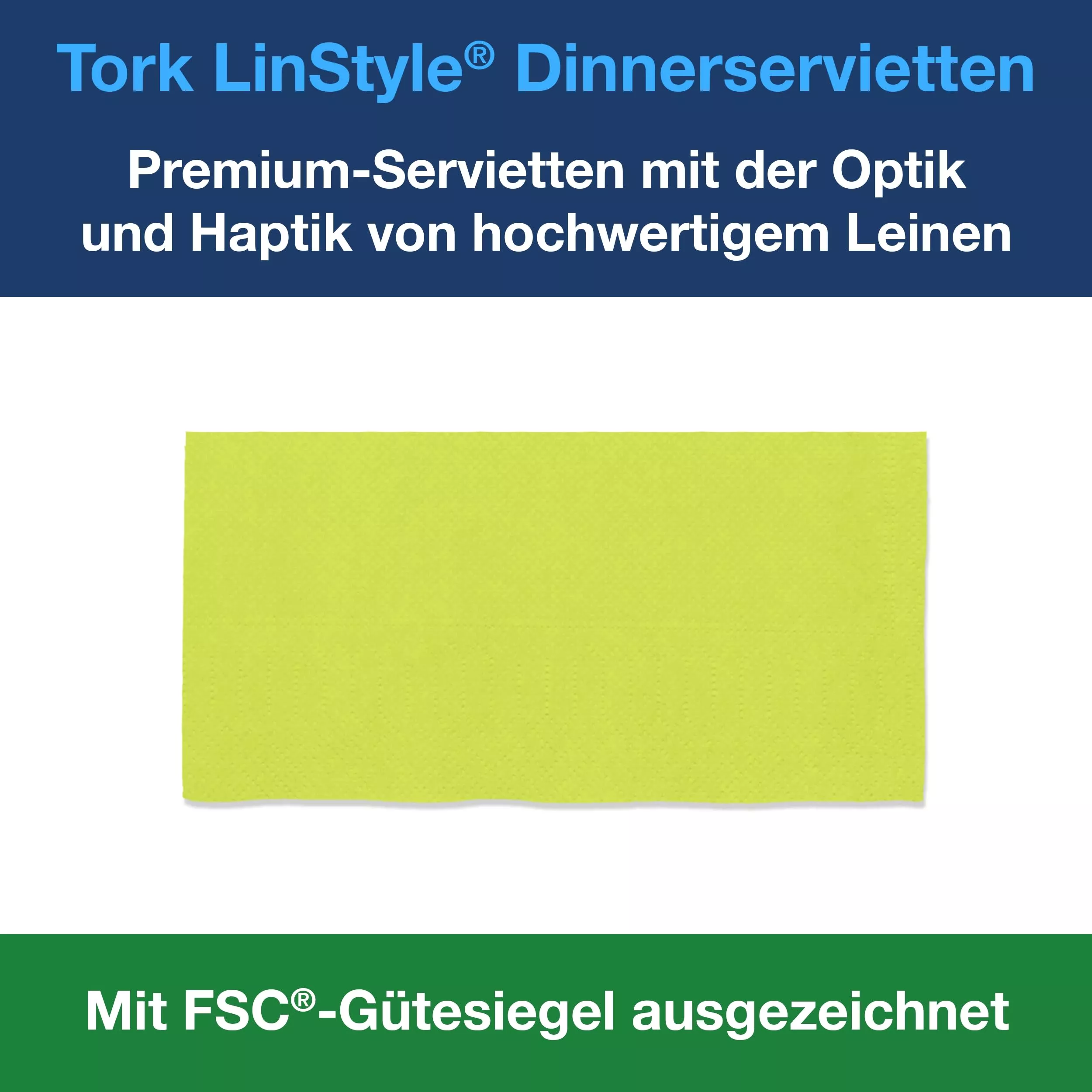 Tork LinStyle® Dinnerservietten Pistazie, 1/8‑Falz, 40 cm × 39 cm, 12 × 50 Servietten, 478163