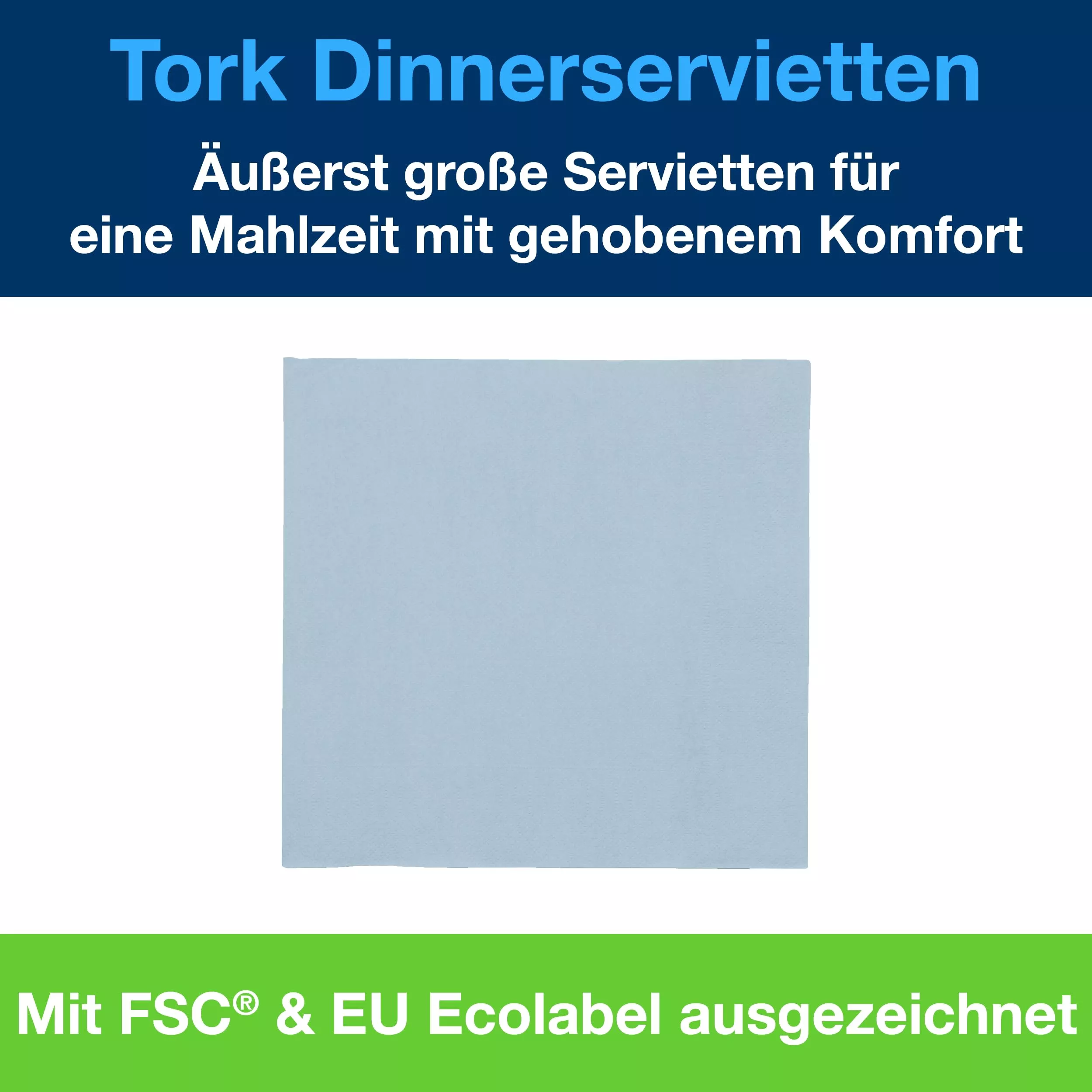 Tork Dinnerservietten Hellblau, 1/4-Falz, 2‑lagig, 40 cm × 39 cm, 12 × 150 Servietten, 477905