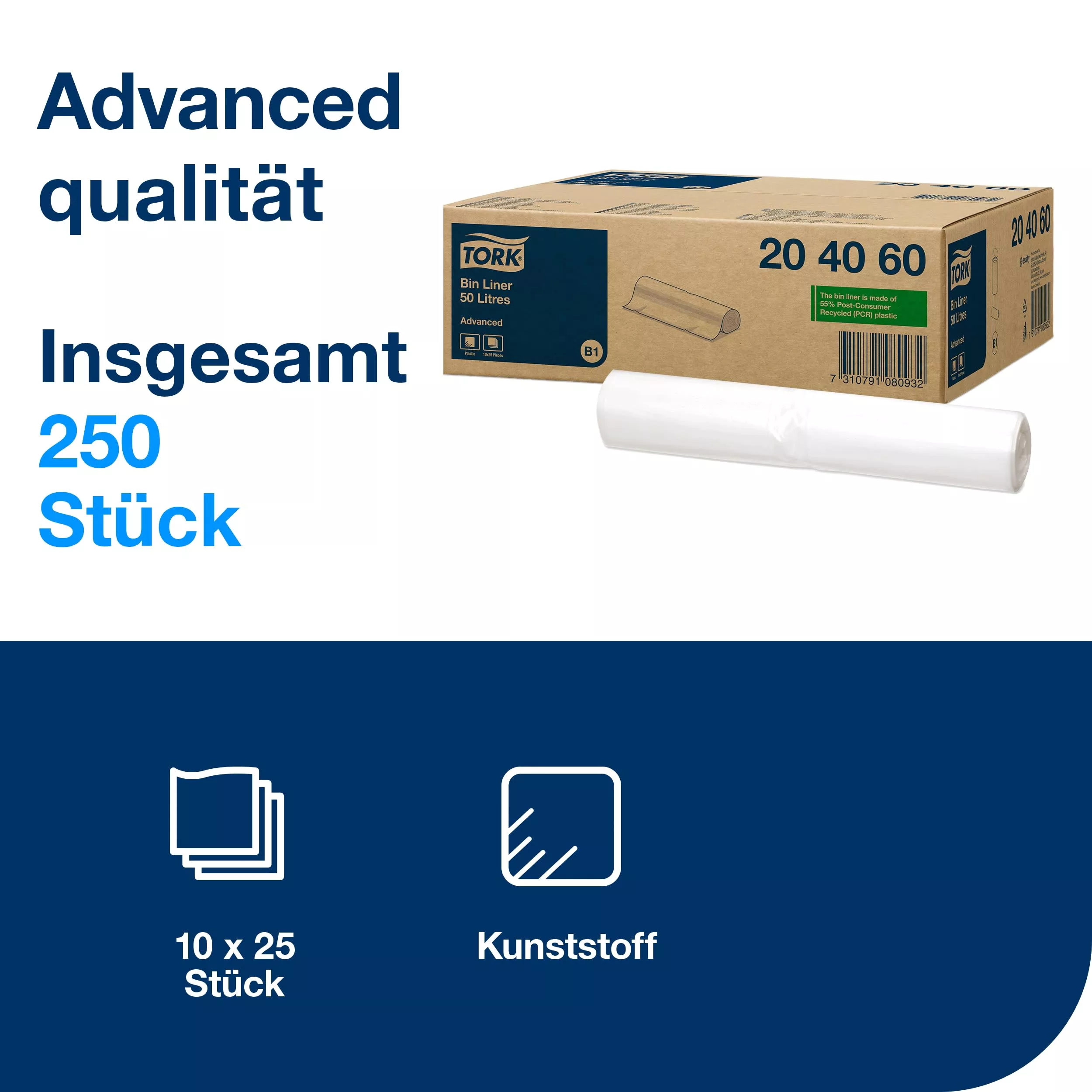 Tork 50 l Abfallsäcke Transparent B1, zu 55 % aus Recycling-Material, 10 × 25 Beutel, 204060