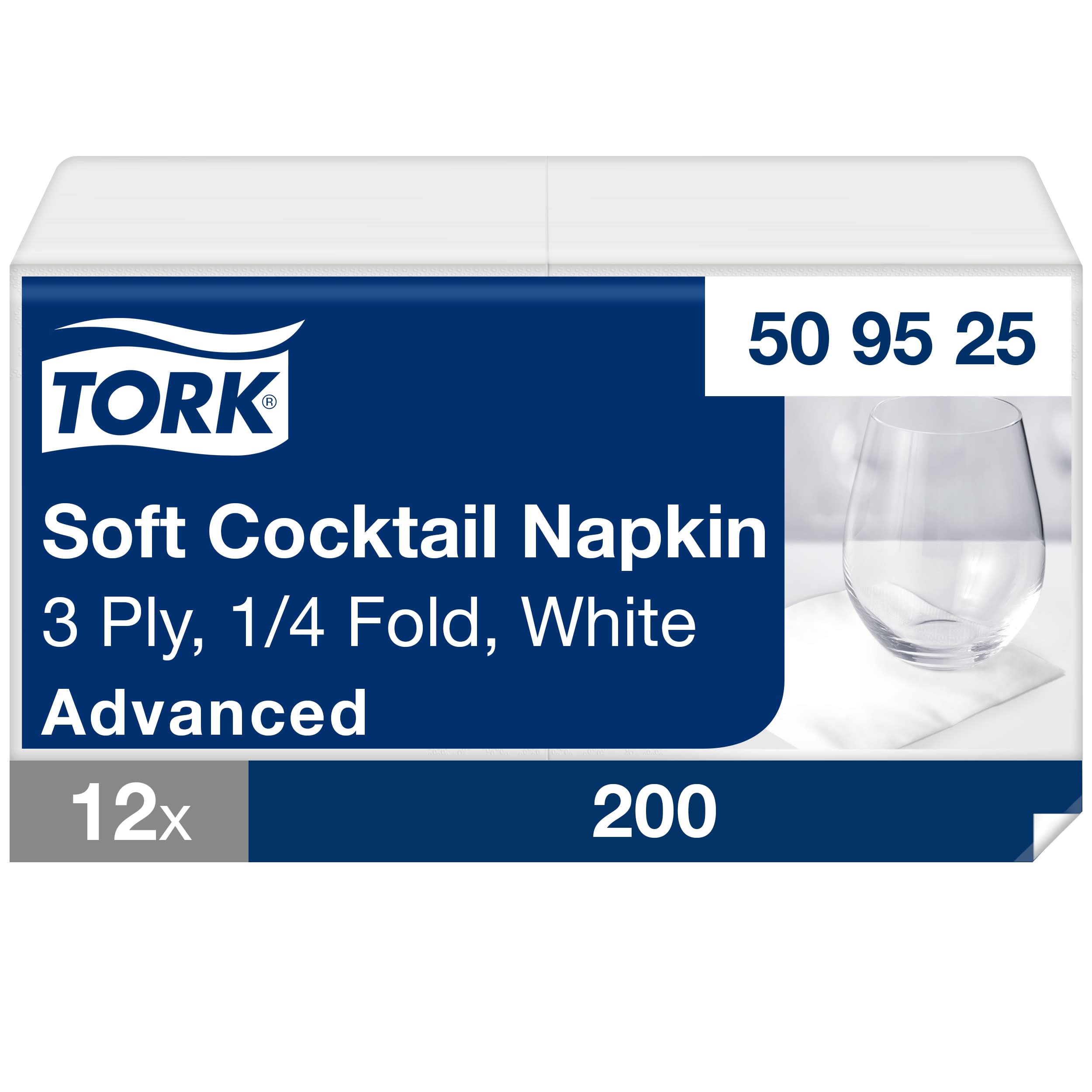 Tork Cocktailservietten Weiß, 1/4-Falz, 2-lagig, 24 cm × 24 cm, 12 × 200 Servietten, 509525