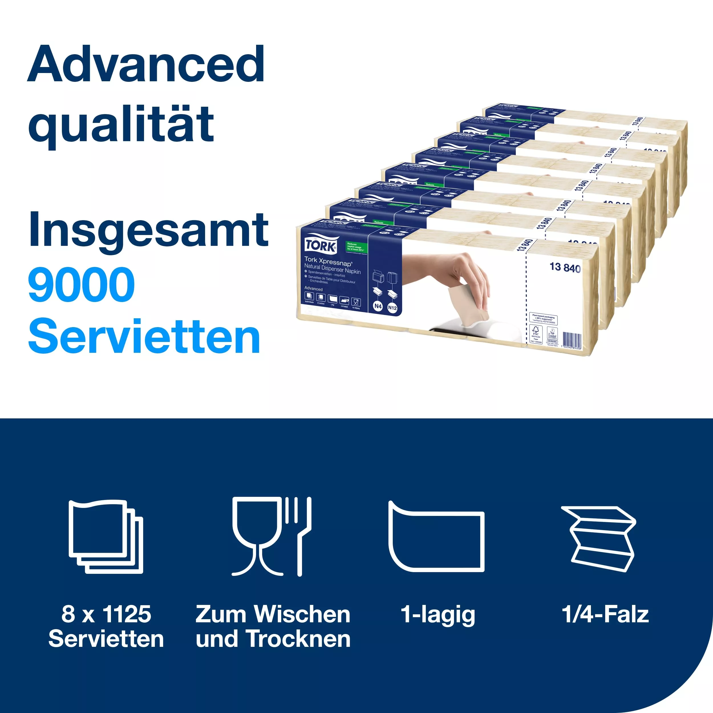 Tork Xpressnap® Natur Spenderserviette N4, 100 % recycelt, 1-lagig, 40 × 225 Servietten, 13840