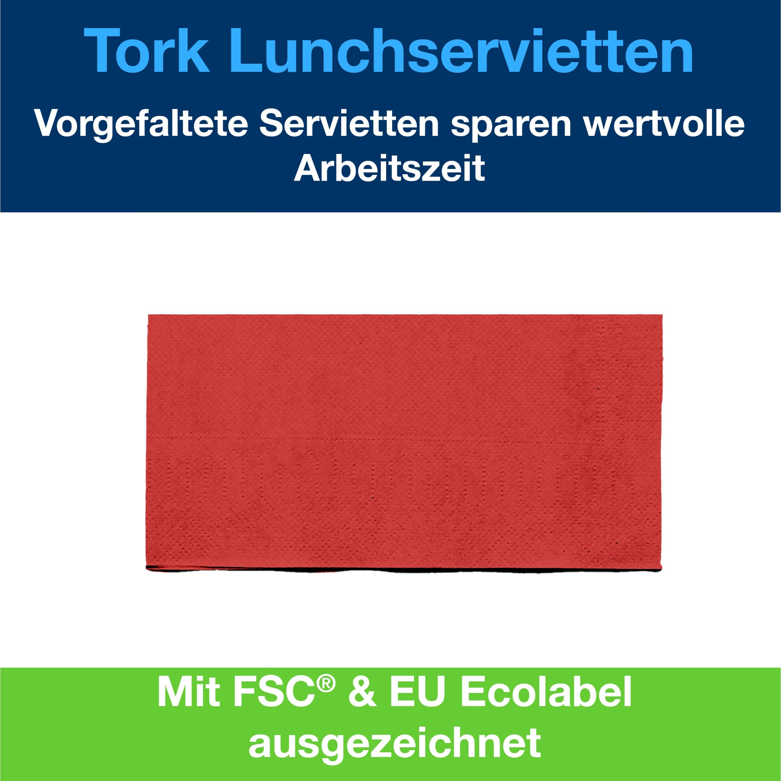 Tork Lunchserviette Rot, 1/8-Falz, 2-lagig, 33 cm × 33 cm, 10 × 200 Servietten, 477417