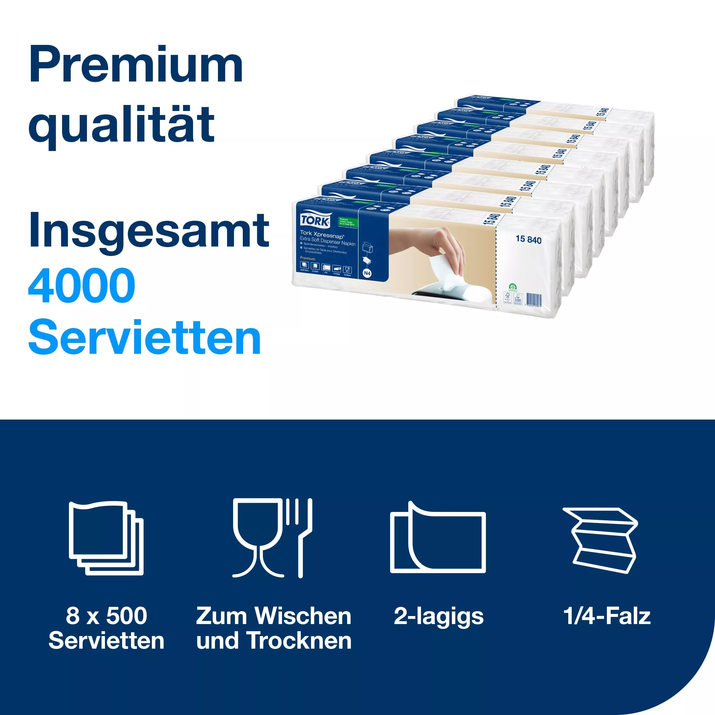 Tork Xpressnap® Extra Soft Spenderserviette Weiß N4, 1/2-Falz, 2-lagig, 8 × 500 Blatt, 15840