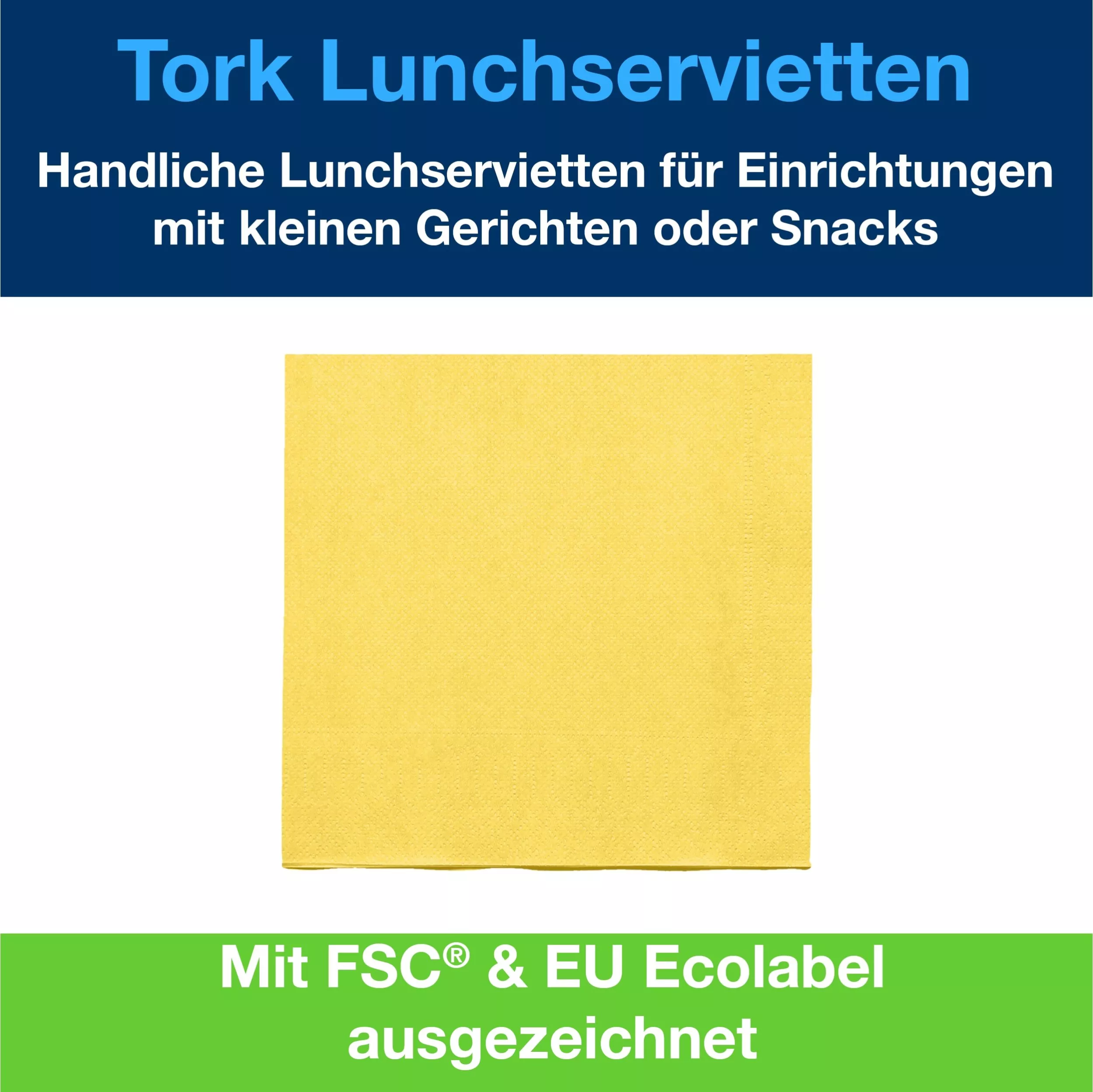 Tork Lunchserviette Gelb, 1/4-Falz, 2-lagig, 33 cm × 33 cm, 10 × 200 Servietten, 477841