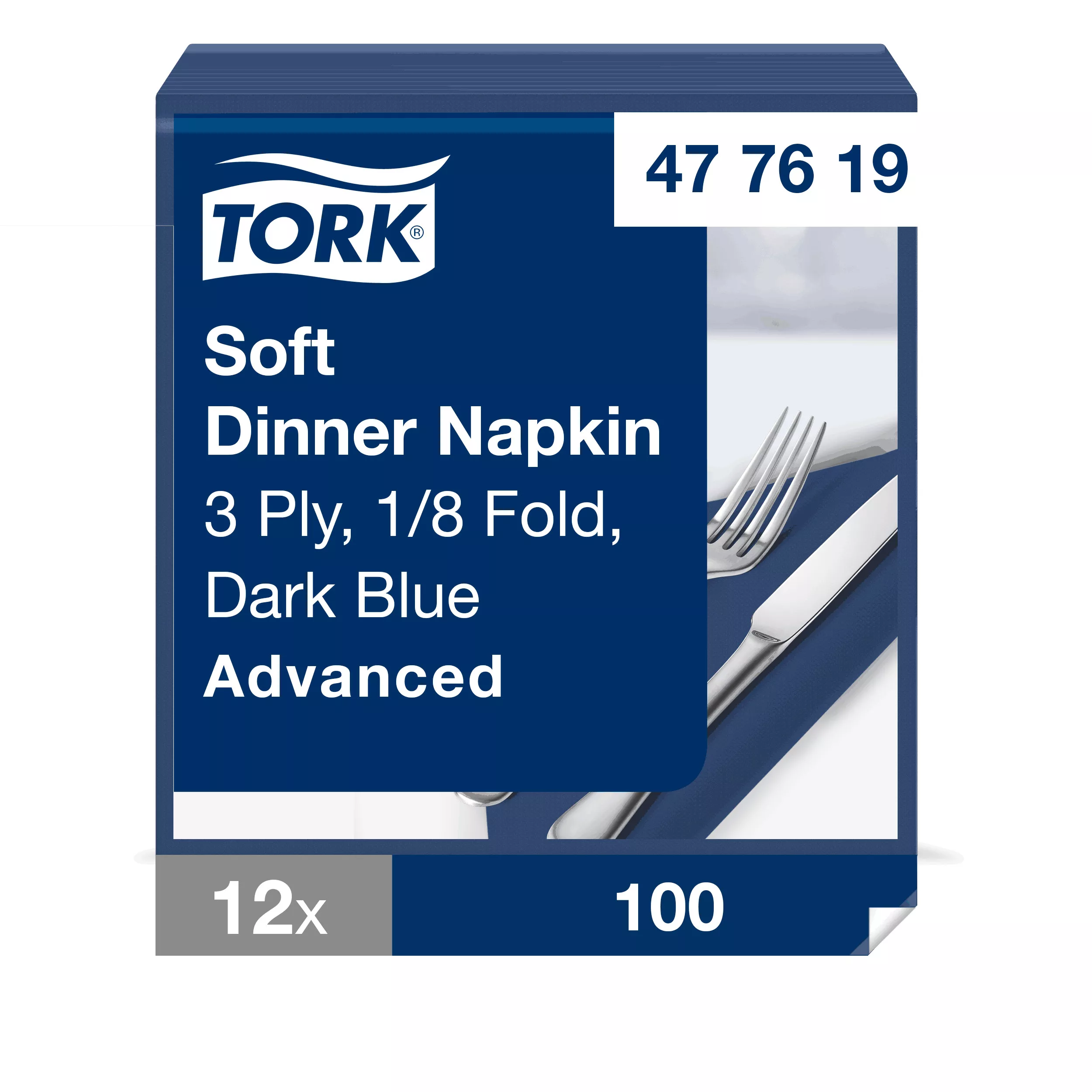 Tork Soft Dinnerservietten Dunkelblau, 1/8‑Falz, 3‑lagig, 39 cm × 39 cm, 12 × 100 Servietten, 477619