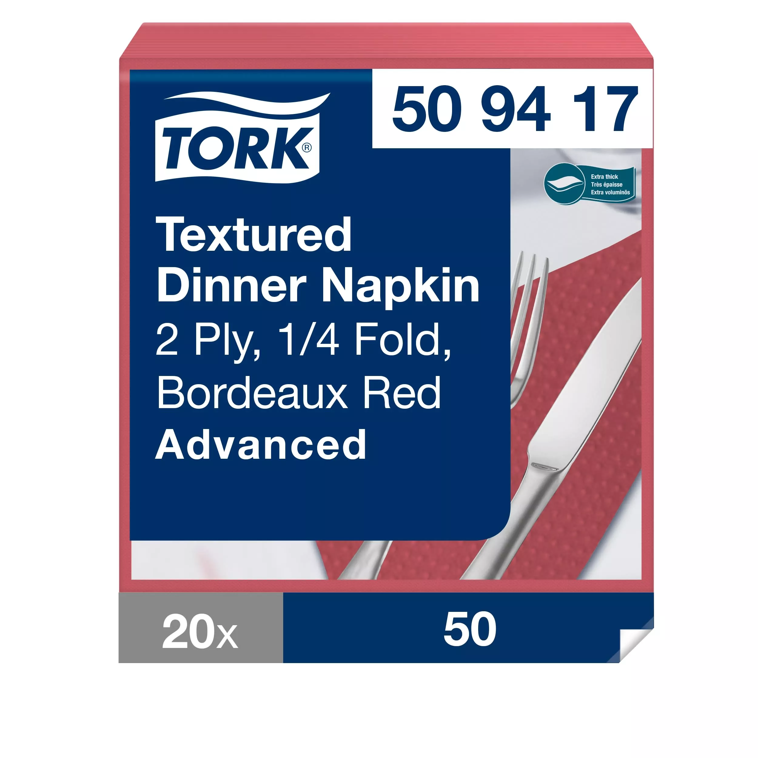 Tork Textured Dinnerservietten Bordeauxrot, 1/4‑Falz, 2‑lagig, 38 cm × 39 cm, 20 × 50 Servietten, 509417