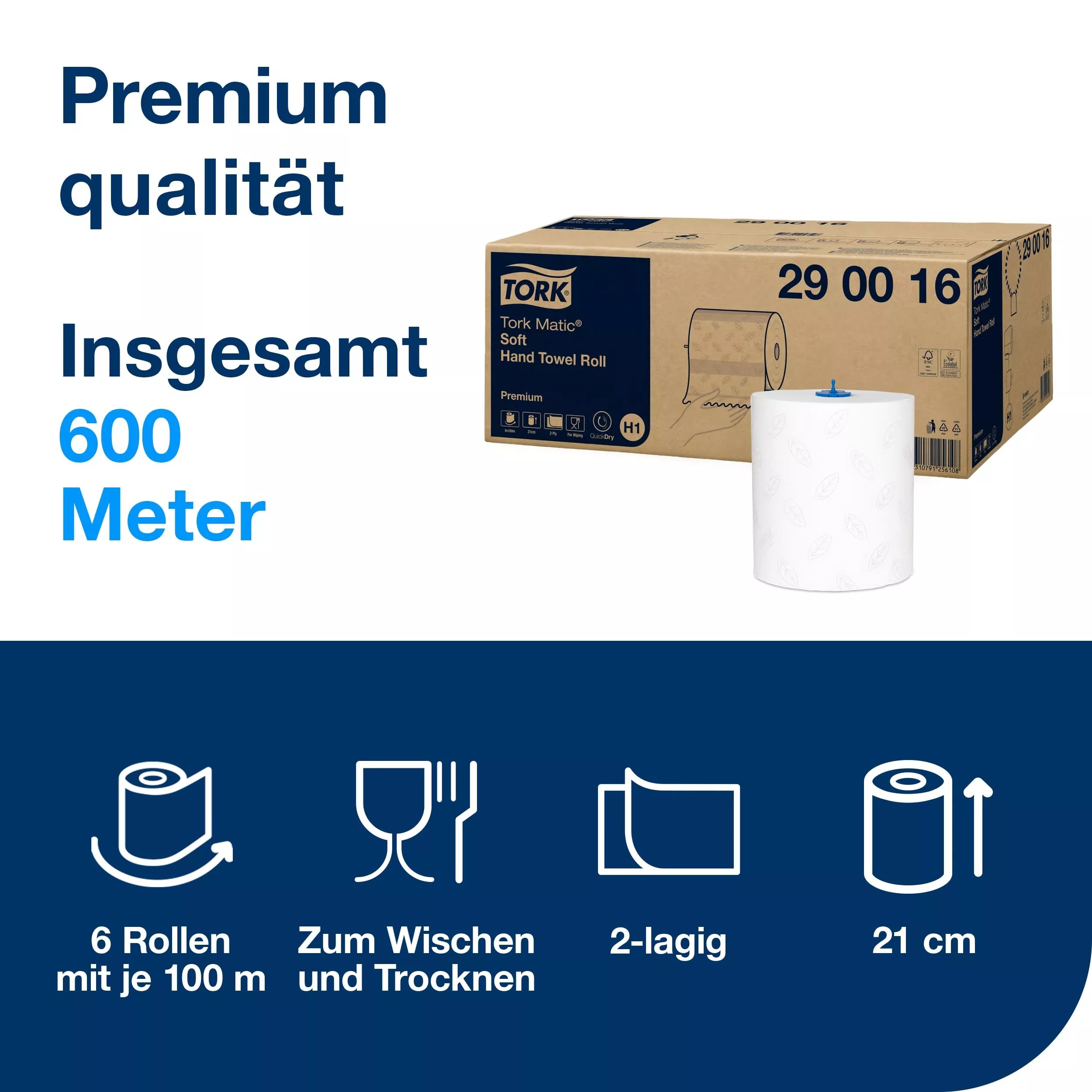 Tork Matic® Soft Papierhandtücher Weiß mit blauem Blätterdesign H1, Premium, hohe Saugfähigkeit, 6 Rollen mit je 100 m, 290016