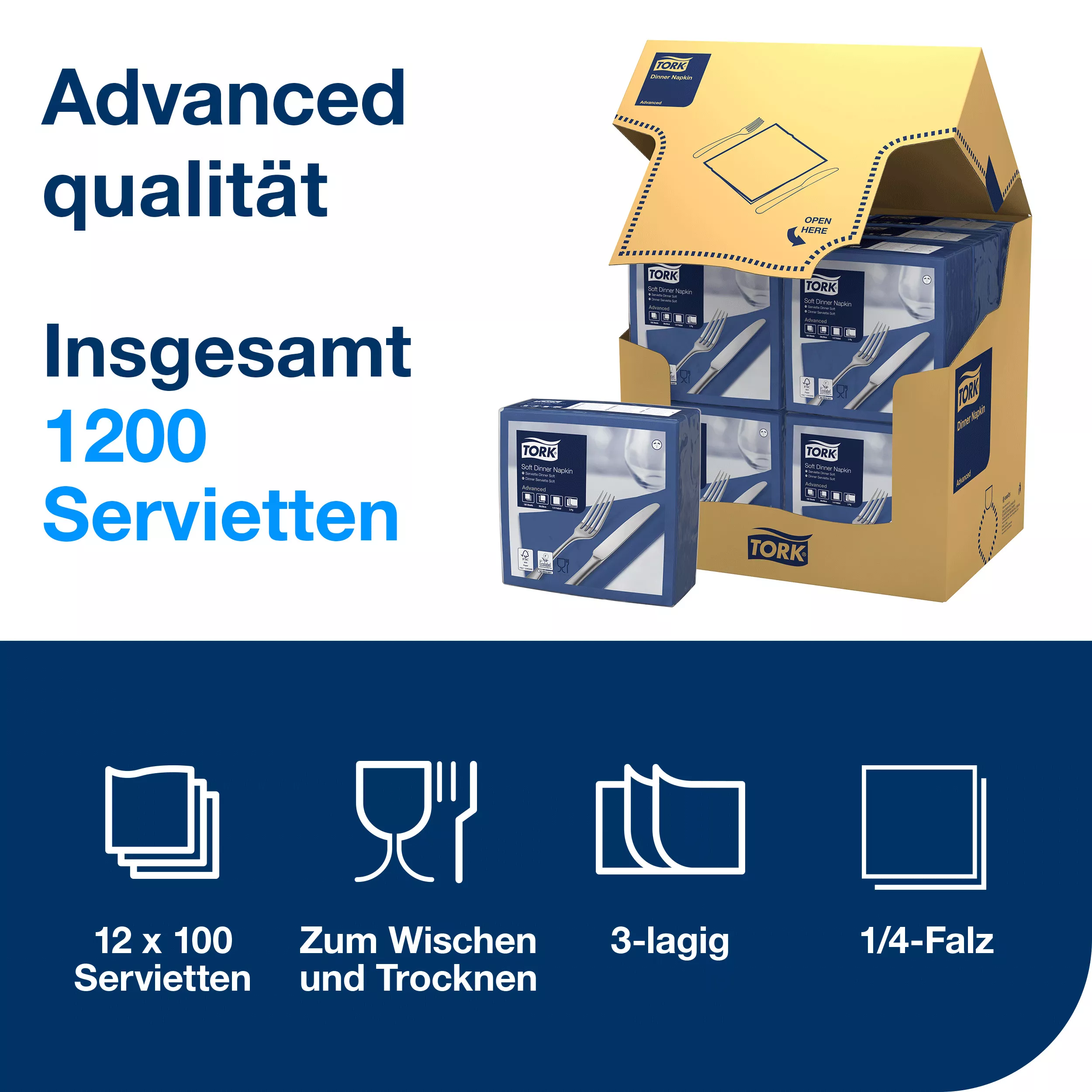 Tork Soft Dinnerservietten Dunkelblau, 1/4‑Falz, 3‑lagig, 40 cm × 39 cm, 12 × 100 Servietten, 477594