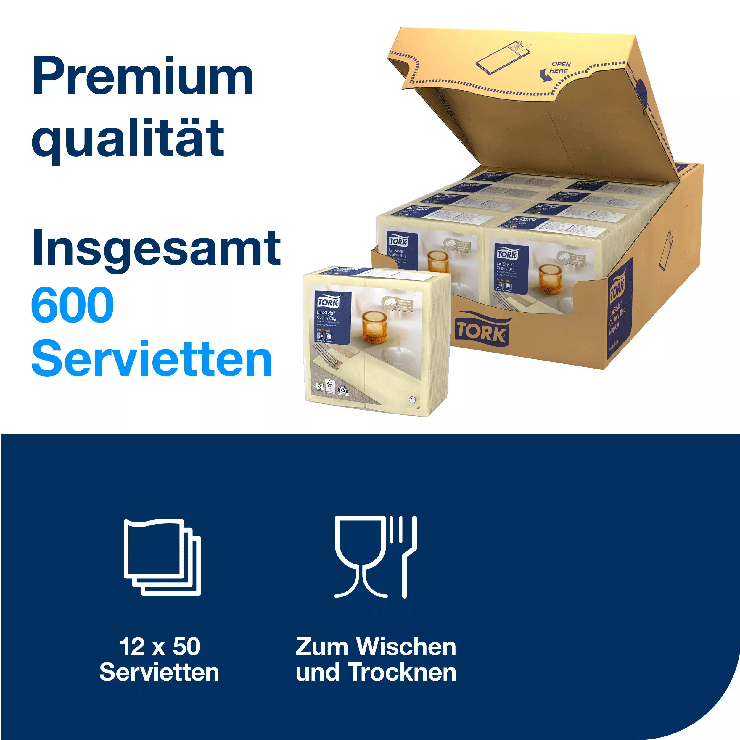 Tork LinStyle® Bestecktaschen Champagner, strapazierfähig, 39 cm × 39 cm, 12 × 50 Servietten, 509602