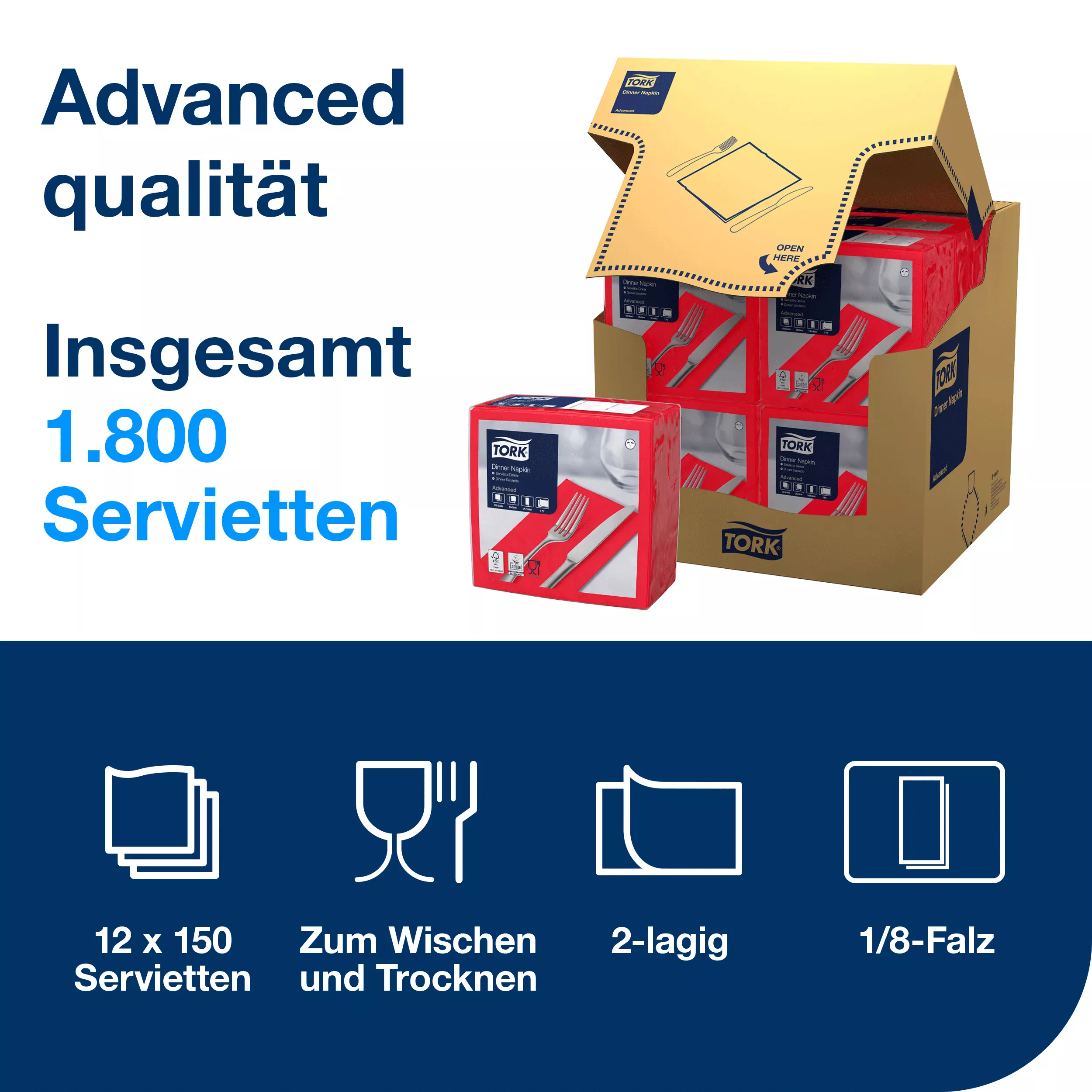 Tork Dinnerservietten Rot, 1/8‑Falz, 2‑lagig, 39 cm × 39 cm, 12 × 150 Servietten, 477609