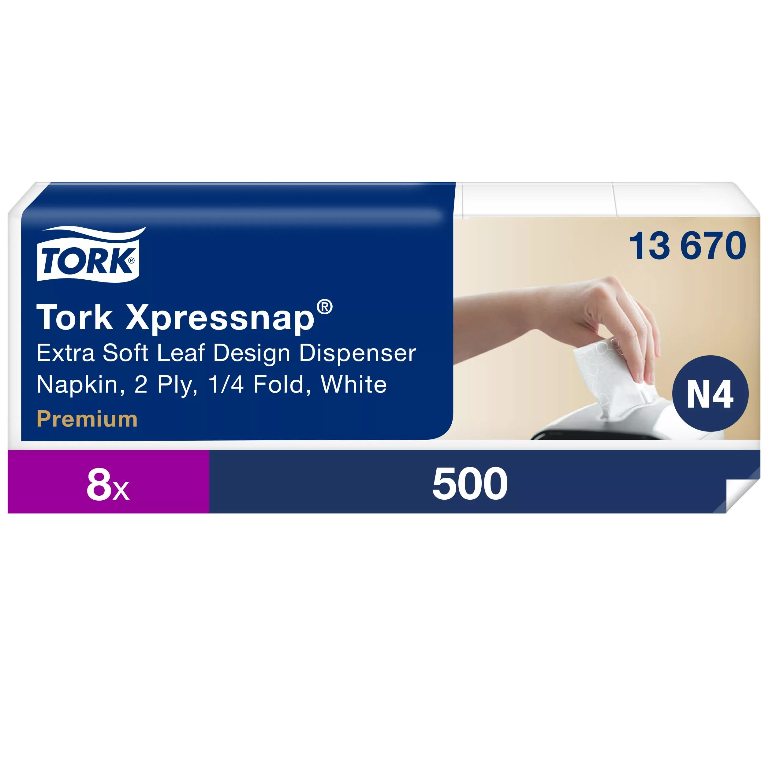 Tork Xpressnap® Extra Soft Blätterdesign Weiße Spenderserviette N4, Premium, 1/4-Falz 2-lagig, 21,3 cm × 33 cm, 8 × 500 Servietten, 13670