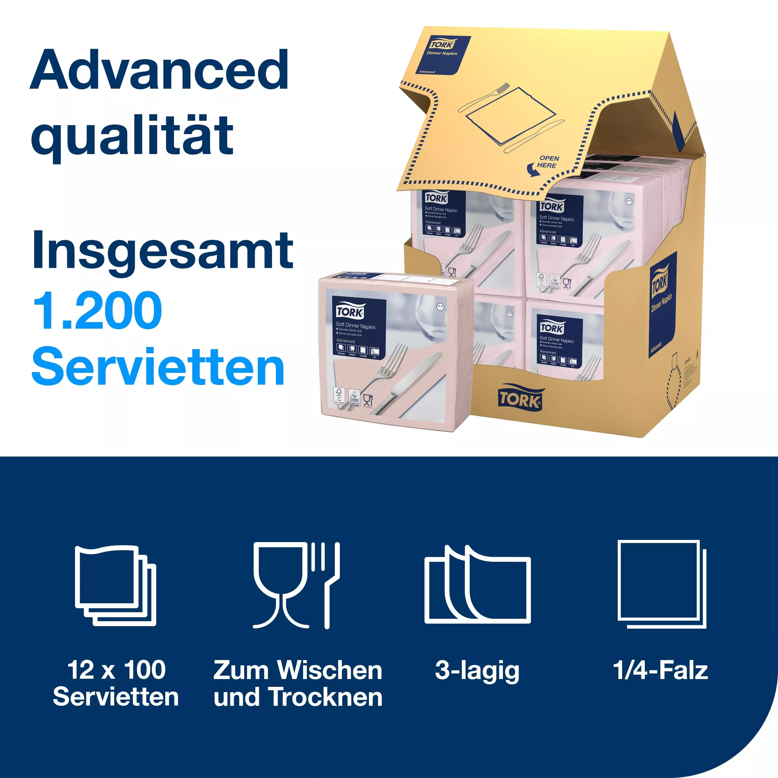 Tork Soft Dinnerservietten Hellrosa, 1/4‑Falz, 3‑lagig, 40 cm × 39 cm, 12 × 100 Servietten, 509400