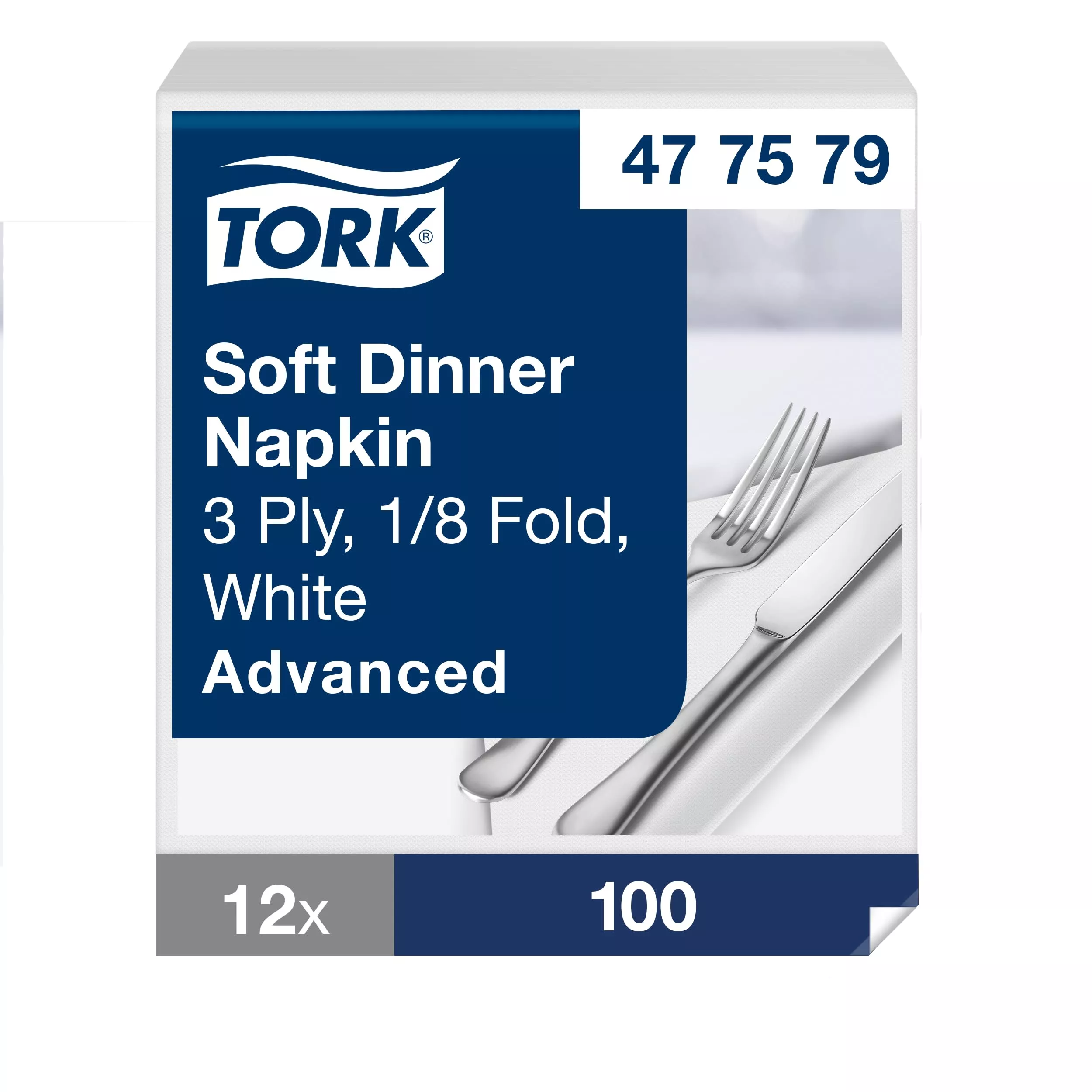 Tork Soft Dinnerservietten Weiß, 1/8‑Falz, 3‑lagig, 39 cm × 39 cm, 12 × 100 Servietten, 477579