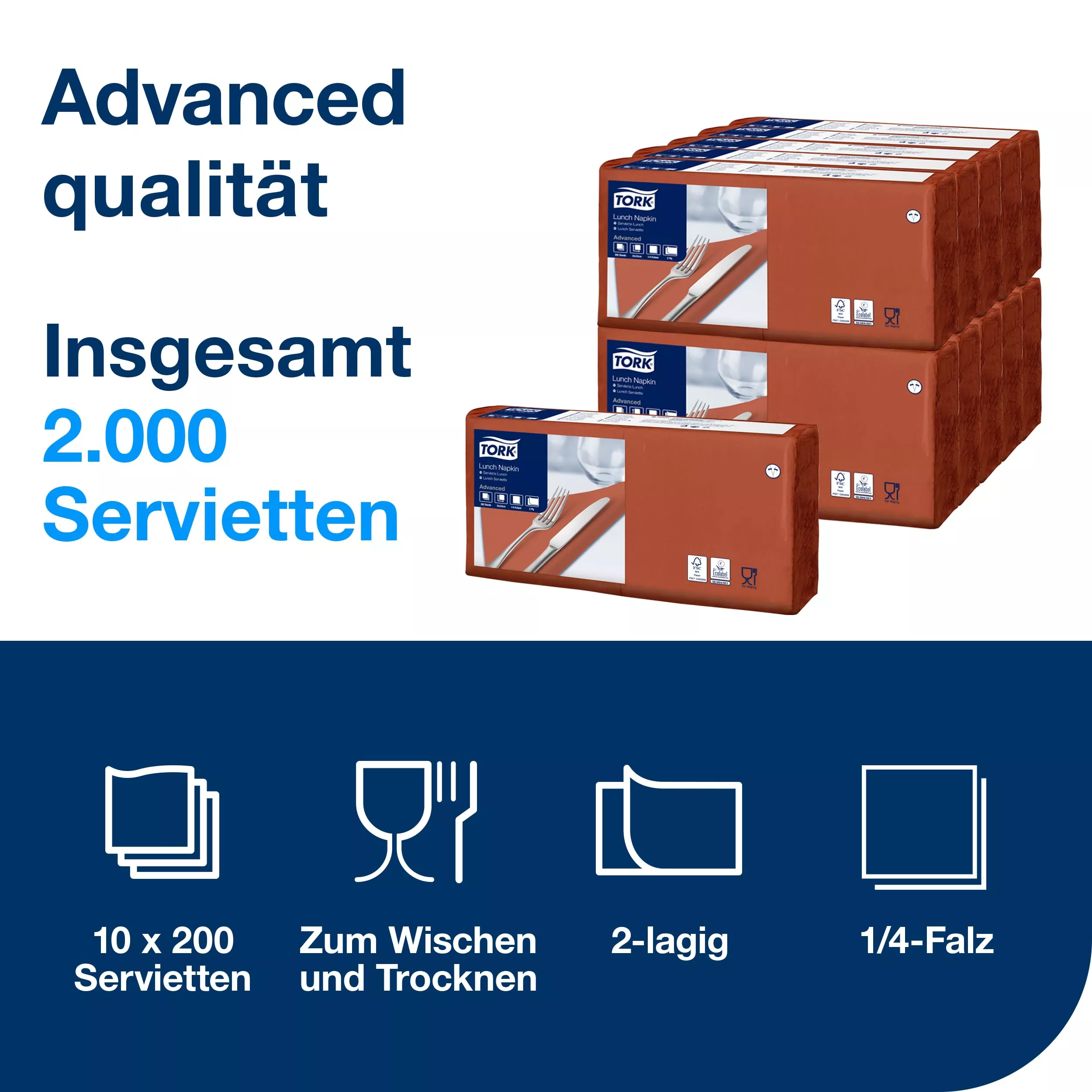 Tork Lunchserviette Terracotta, 1/4-Falz, 2-lagig, 33 cm × 33 cm, 10 × 200 Servietten, 477216