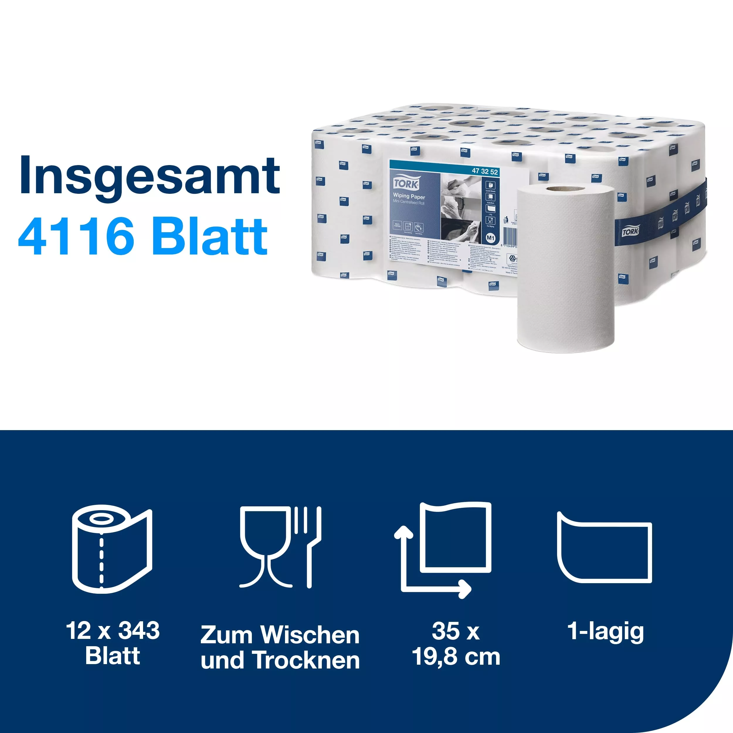 Tork Mehrzweck-Papierwischtücher mit Innenabrollung Weiß M1, Zum Abwischen von Händen und Oberflächen, 12 × 343 Blatt, 473252