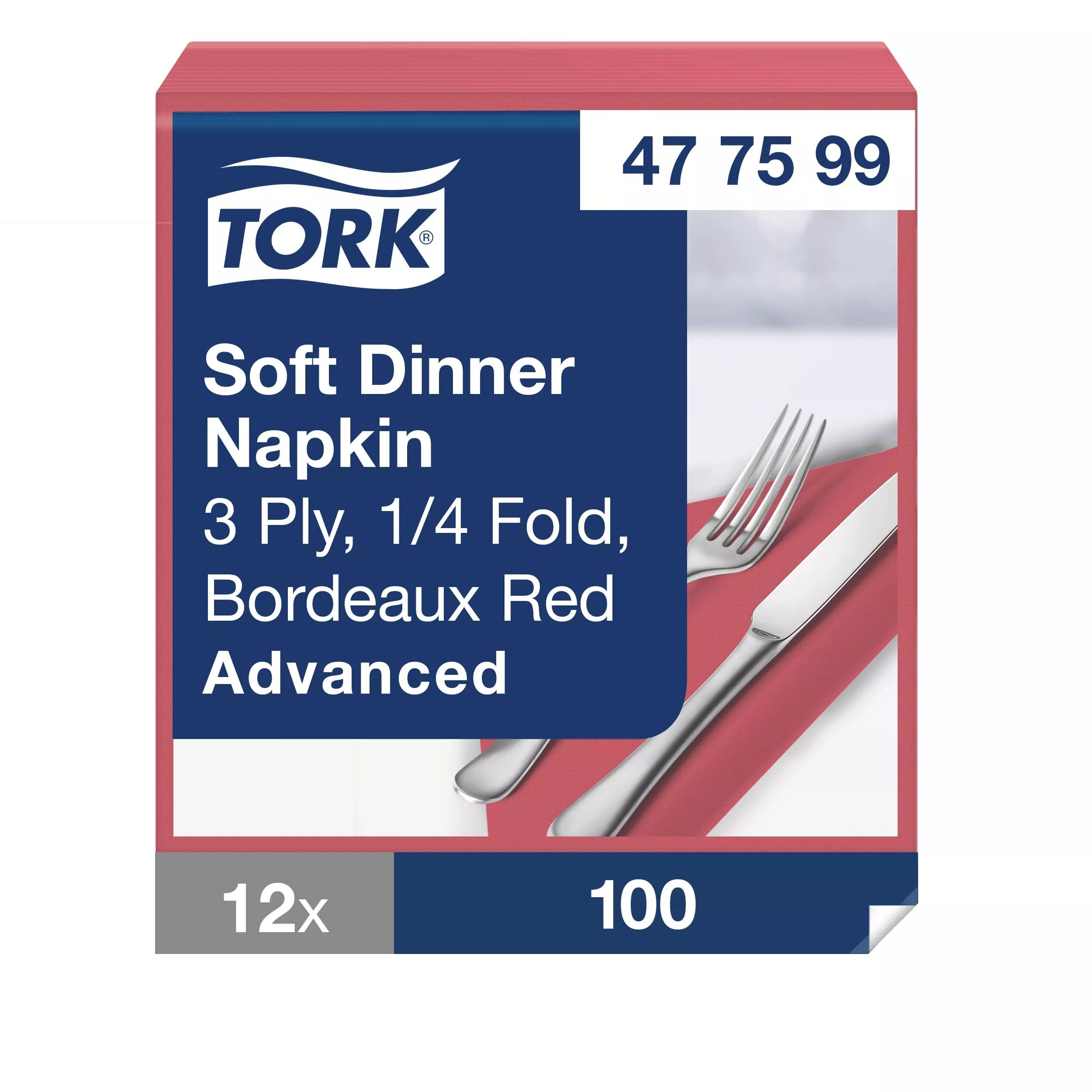 Tork Soft Dinnerservietten Bordeauxrot, 1/4‑Falz, 3‑lagig, 40 cm × 39 cm, 12 × 100 Servietten, 477599