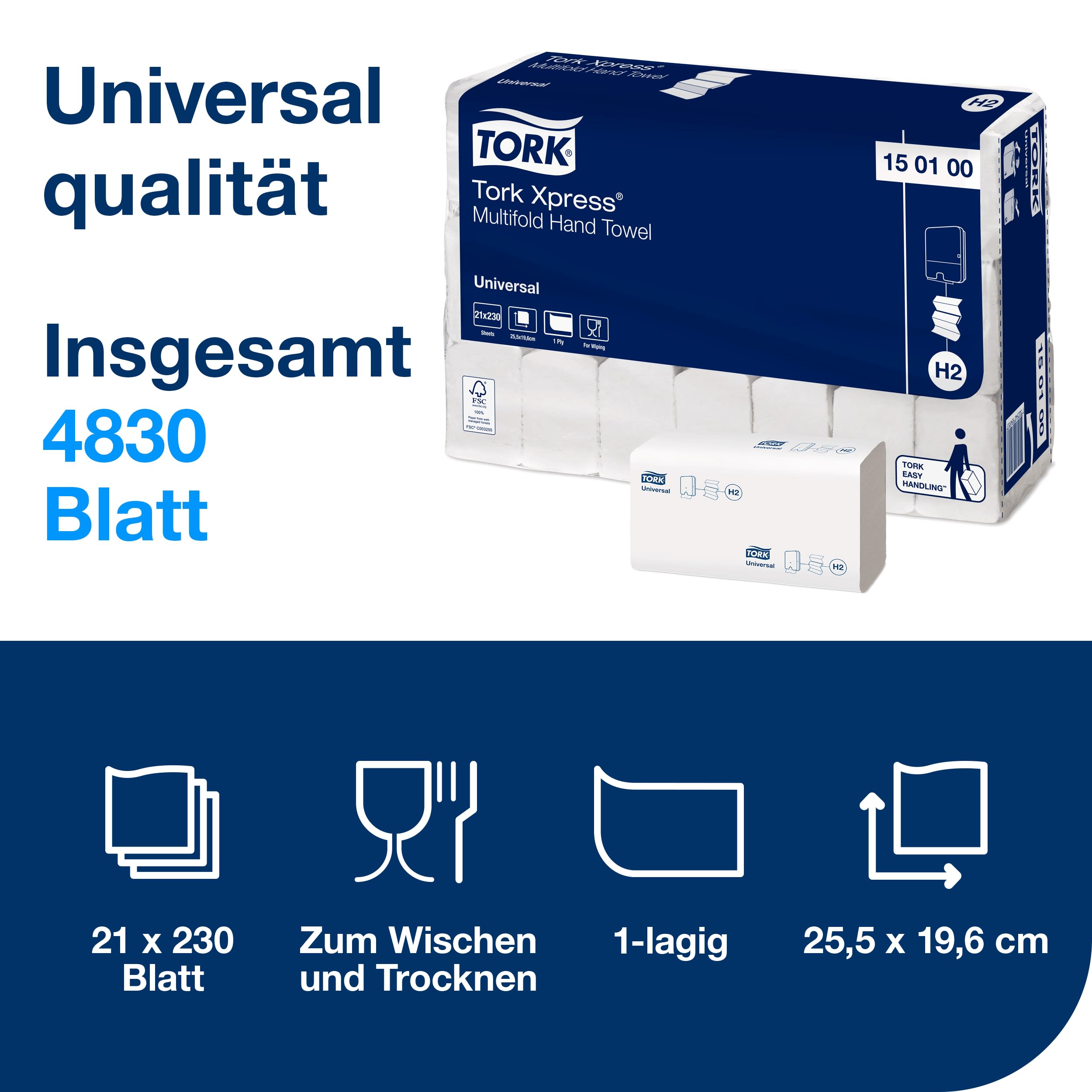 Tork Xpress® Multifold-Handtücher Weiß H2, Universal-Qualität, kosteneffizient, 21 × 230 Tücher, 150100