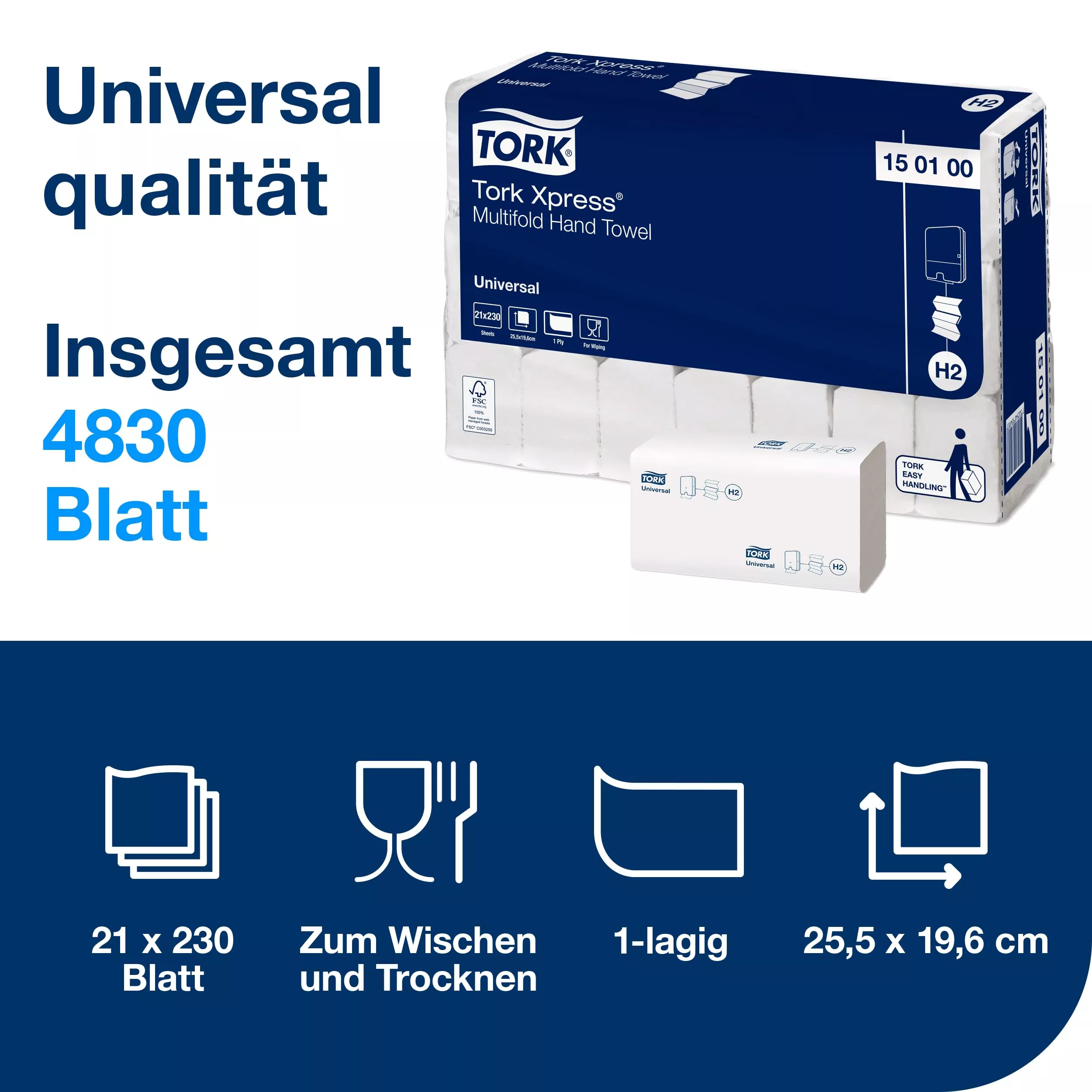 Tork Xpress® Multifold-Handtücher Weiß H2, Universal-Qualität, kosteneffizient, 21 × 230 Tücher, 150100