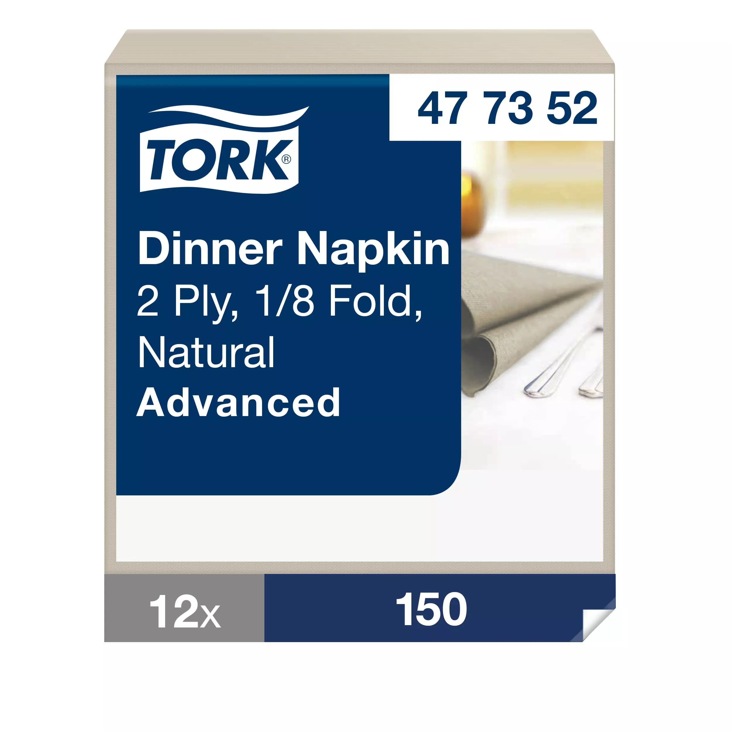 Tork Dinnerservietten Natur, 1/8‑Falz, 2‑lagig, 39 cm × 39 cm, 12 × 150 Servietten, 477352