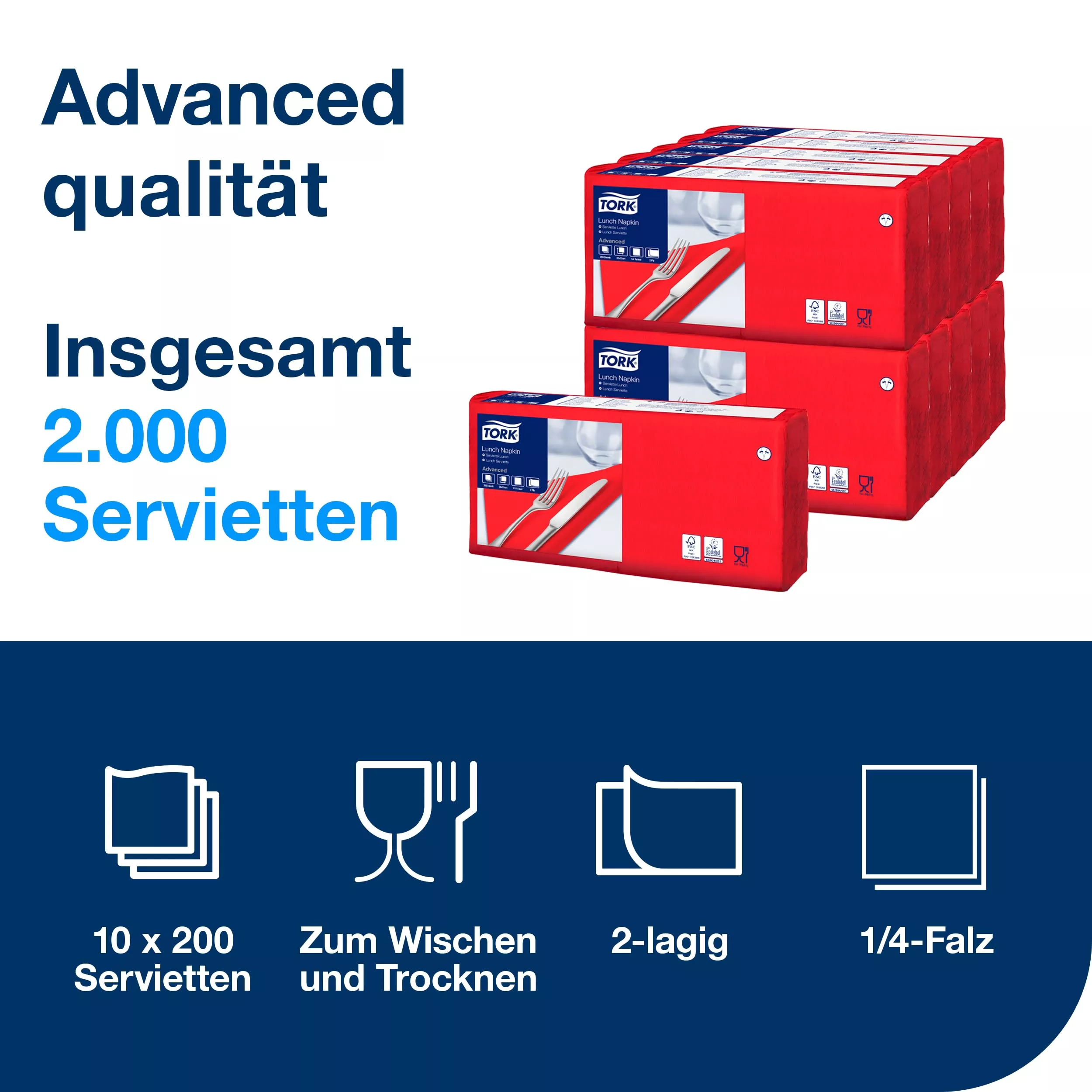 Tork Lunchserviette Rot, 1/4-Falz, 2-lagig, 33 cm × 33 cm, 10 × 200 Servietten, 477210