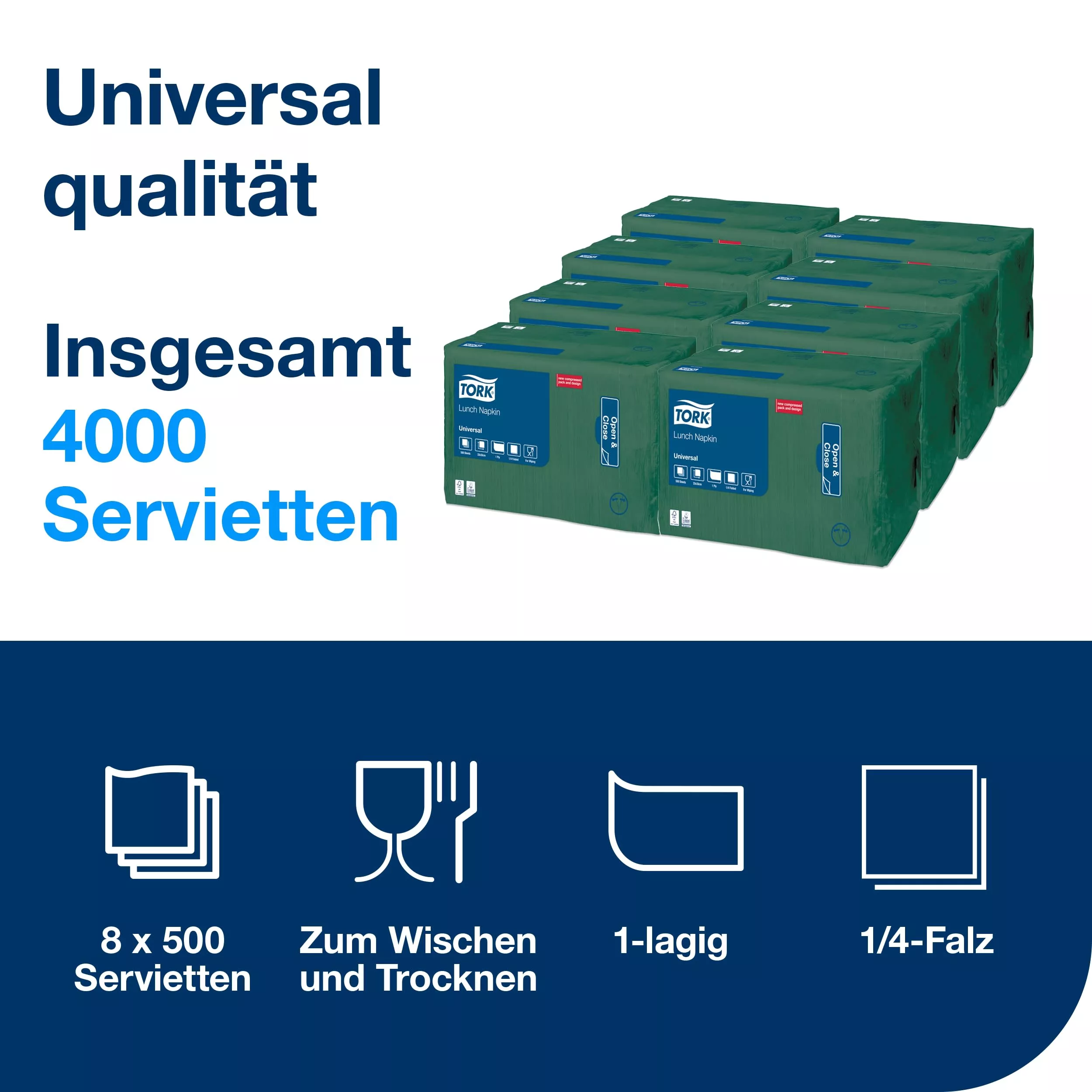 Tork Lunchserviette Dunkelgrün, 1/4‑Falz, 1‑lagig, 32 cm × 32 cm, 8 × 500 Servietten, 509305